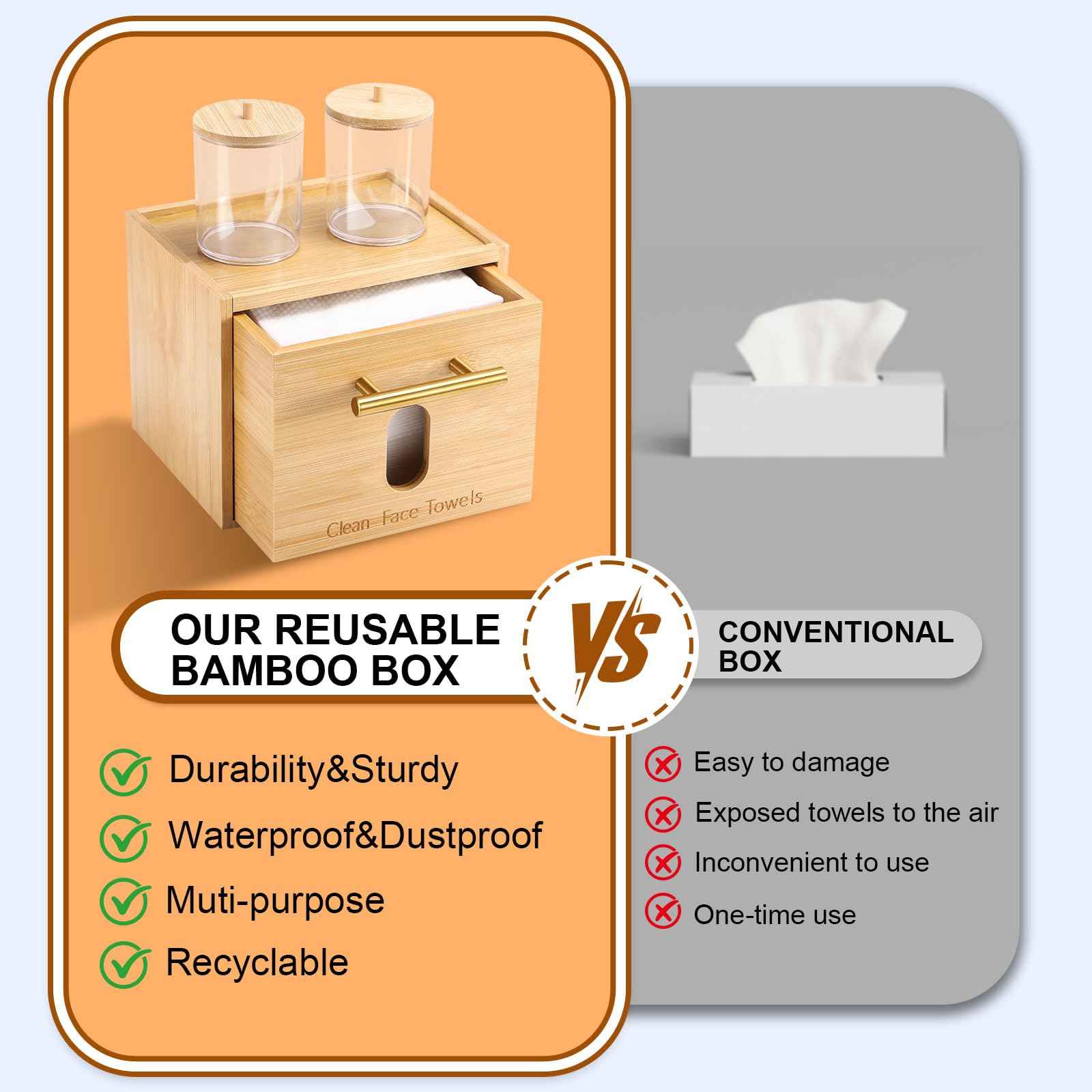 Disposable Face Towel Holder Bamboo Storage Box with 60 XL Towels, Cotton Balls Holders, Facial Towels Container Box with Drawer, Towel XL Organizer for Bathroom, Makeup Remover Dry Wipes Washcloths