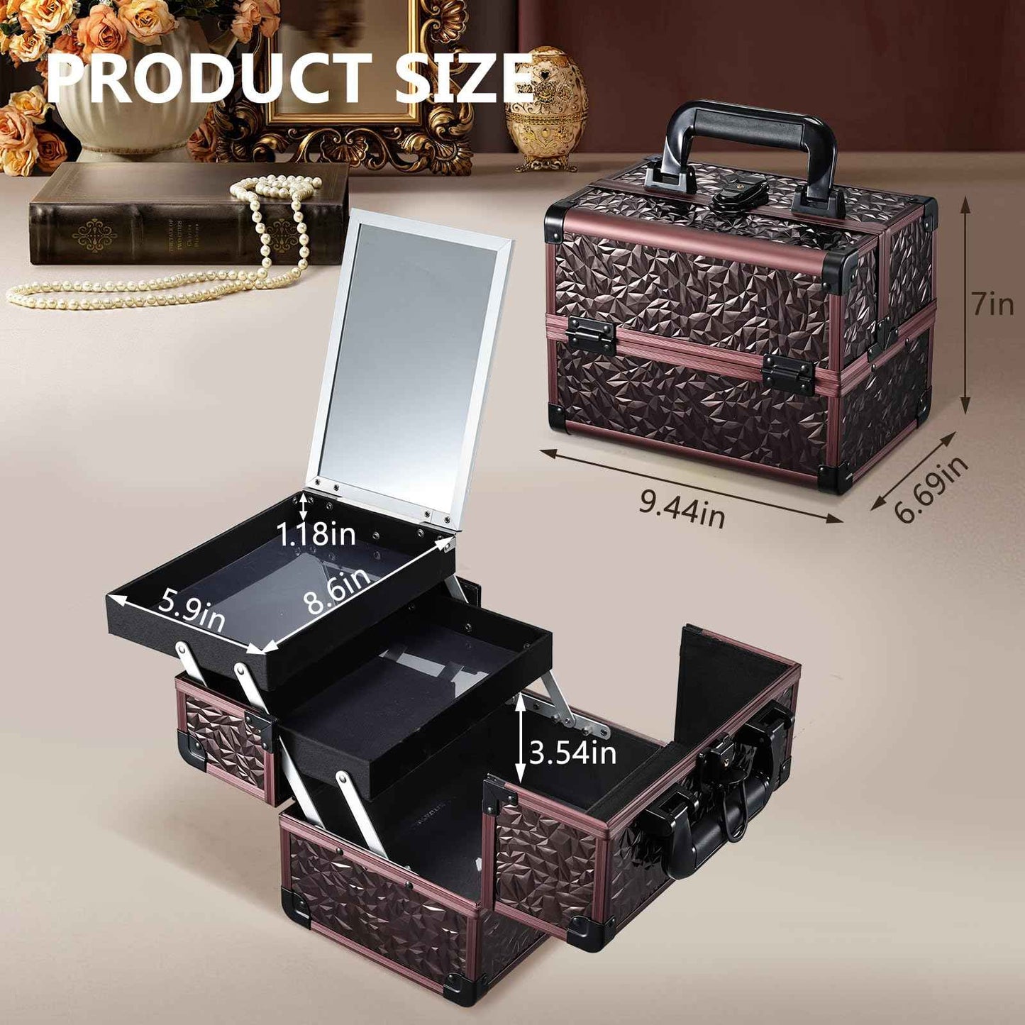Joligrace Makeup Train Case Cosmetic Box Portable Makeup Case Organizer 2 Trays Makeup Storage with Mirror Locking for Cosmetologist Aesthetic Supplies Nail Tech Traveling Makeup Box Dark Brown