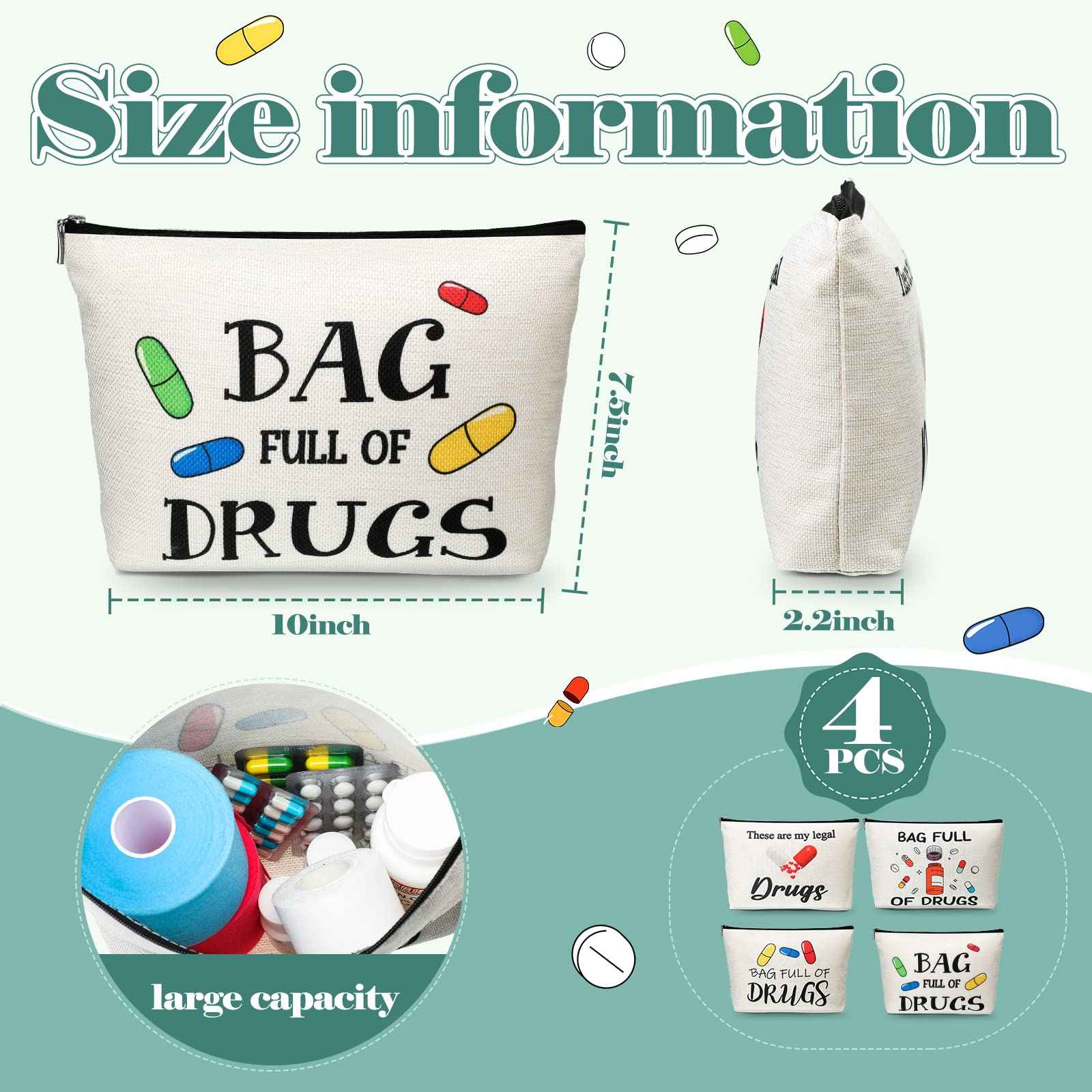 Hillban 4 Pcs Funny Medicine Bag Nurse Practitioner Gifts for Women Medicine Storage Pill Bag Travel Makeup Cosmetic Medication Bag Cute Zipper Pouch for Teens Patient Birthday Gifts