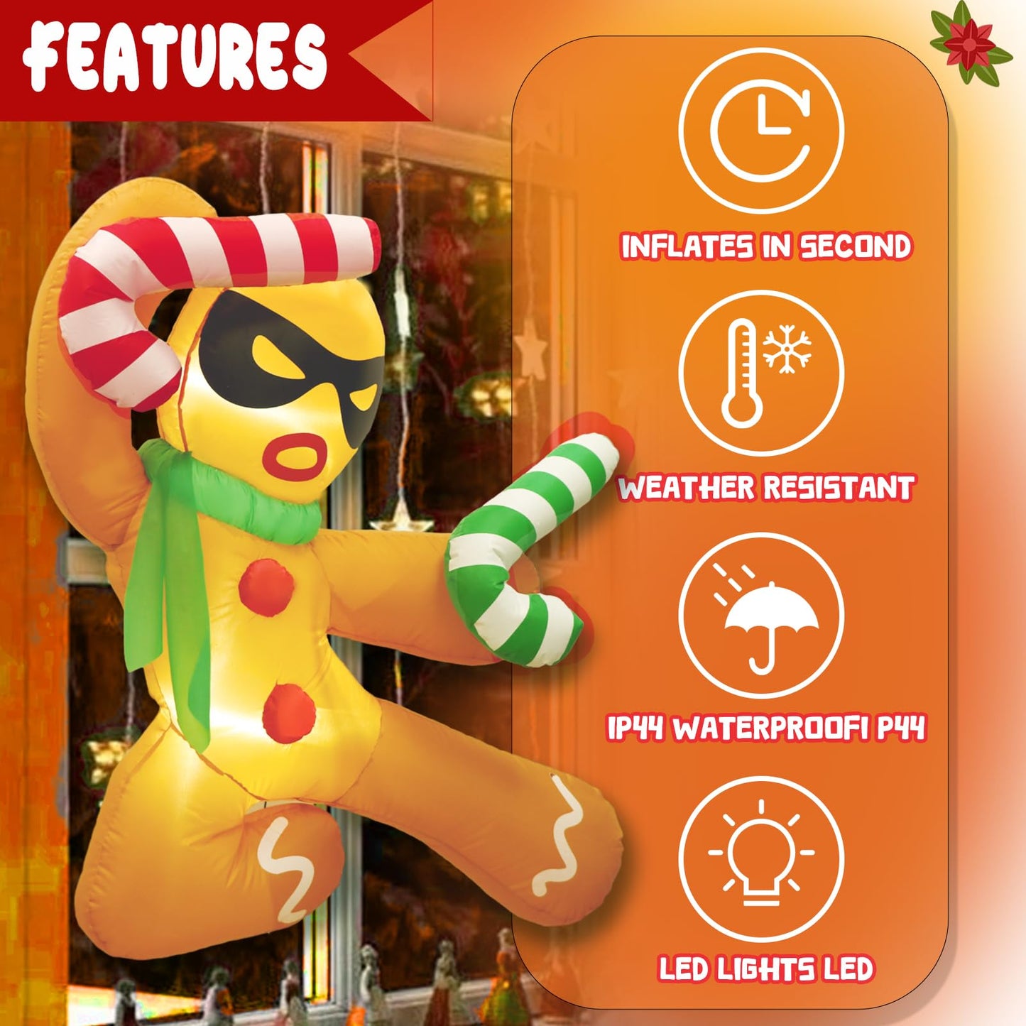 OurWarm 3.5 Ft Christmas Inflatables Outdoor Decorations Kungfu Gingerbread Man with Candy Cane Broke Out from Window Built-in LED Lights Xmas Blow up Decor for Outside Indoor Yard Garden Home