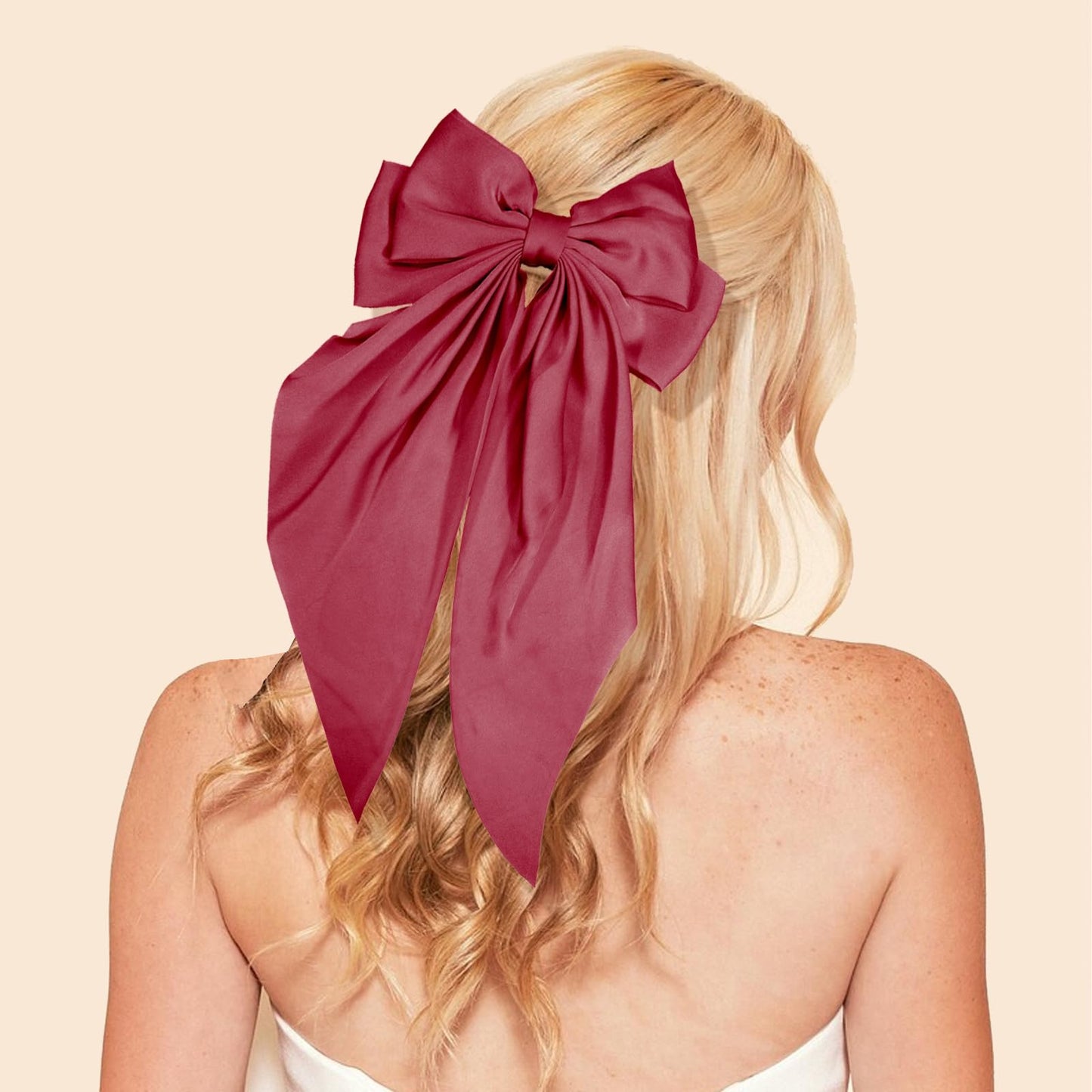 DJAIOD Hair Bow for Women, 2 Pack Pink & Wine Red Silky Satin Bow, Large Hair Bows, Long Bow Clip, Coquette Bows Cute barrettes for Girls