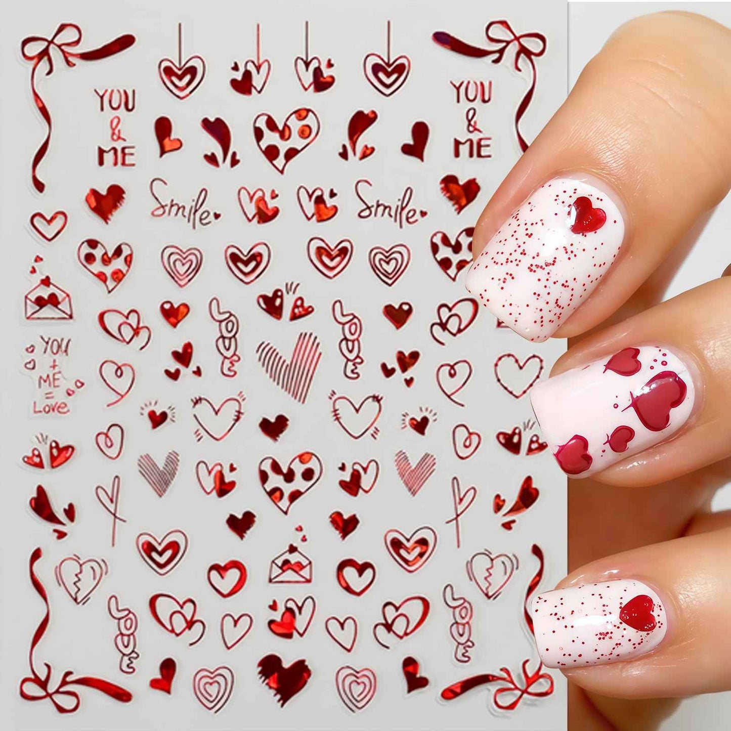 8Pcs Valentines Nail Art Stickers Decals Red Heart Nail Sticker Valentines Nail Decals 3D Self-Adhesive Laser Red Love Heart Nail Design Nail Supplies Nail Decoration for Women Girls DIY Manicure
