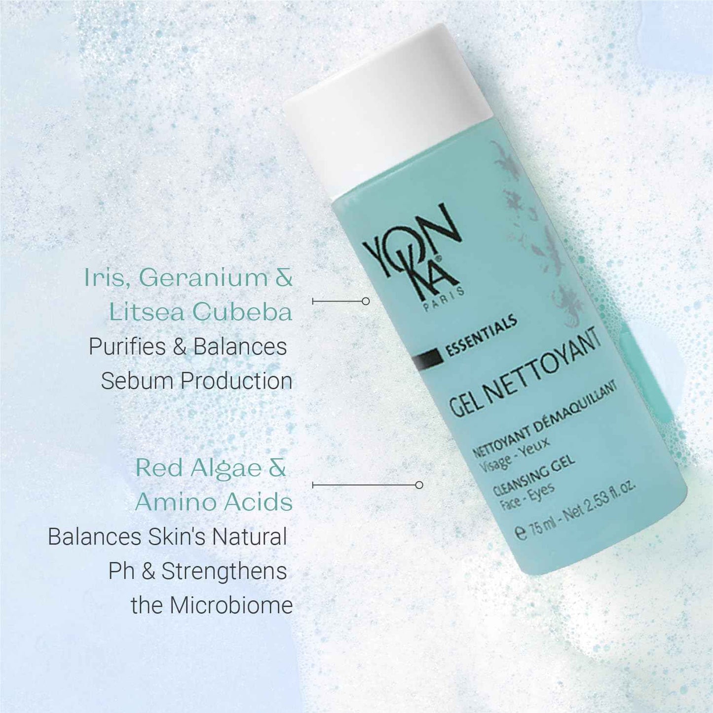 Yonka Gel Cleanser | Gentle Foaming Face Wash & Makeup Remover | Cleanses Pores and Balances Skins pH with Red Algae & Amino Acids | For Acne Prone & Oily Skin | Paraben-Free | Travel Size 2.53 fl oz