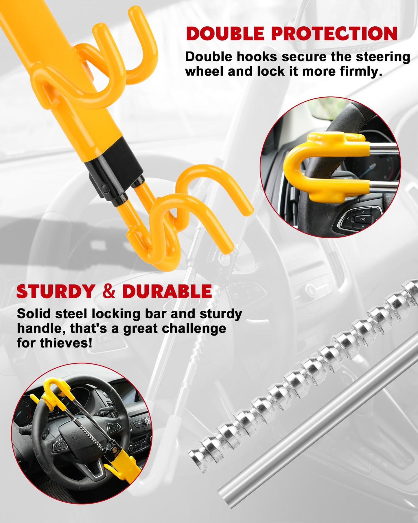 Tevlaphee Steering Wheel Lock - Heavy Duty Antitheft Device and Car Security Lock with Adjustable Locking and 3 Keys - Great Vehicle and Truck Deterrent (Yellow)