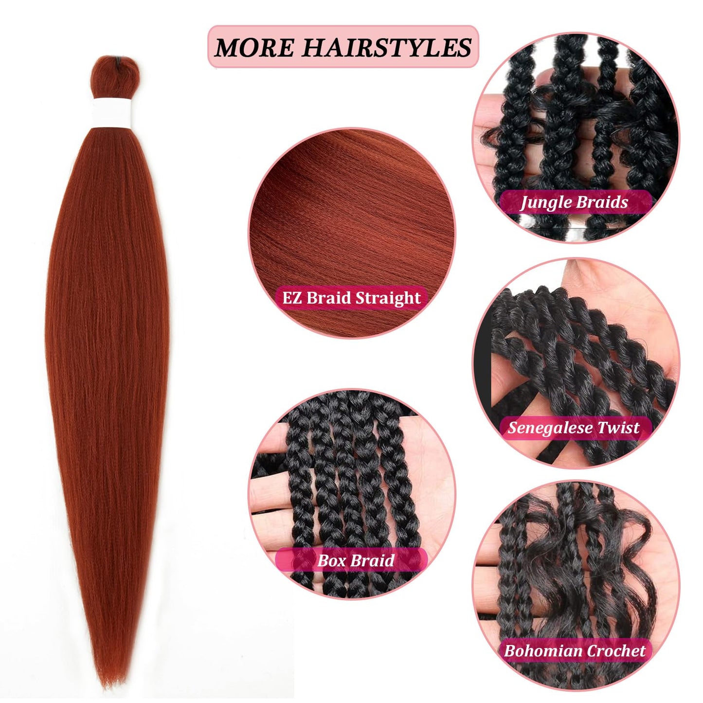 350 Ginger Braiding Hair Pre Stretched Kanekalo Braiding Hair Extensions for Braiding Box Braids Prestretched Braiding Hair 26 inch 2 Packs Natural as Human Braiding Hair Knotless Micro Braids