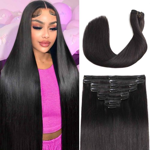 CWRDK Clip in Hair Extensions Real Human Hair, 100% Brazilian Remy Human Hair Clip ins for Women, Straight Seamless Double Weft Hair Extensions, Invisible 8pcs, 16 Inch 90g, #1B Natural Black