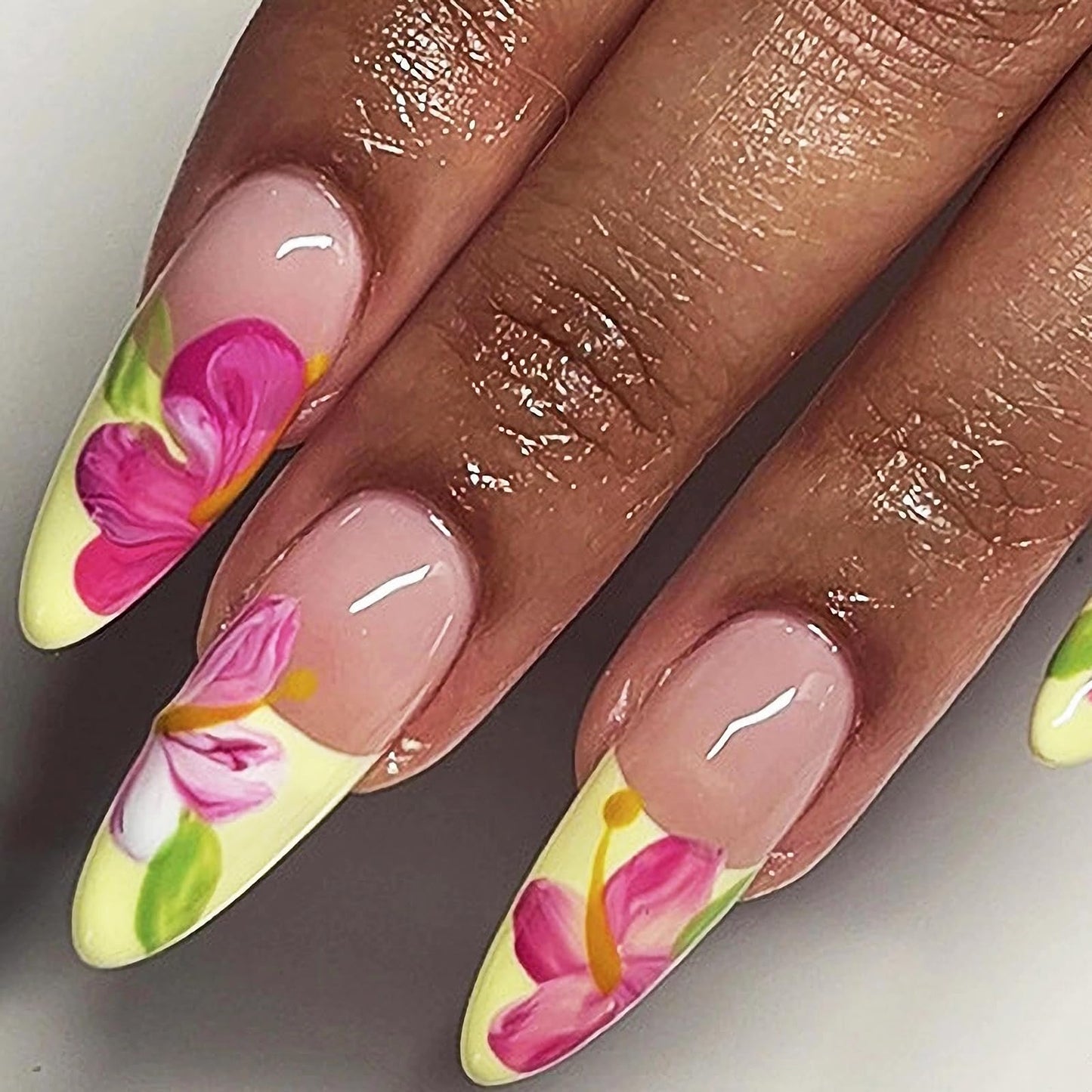 MISUD Press on Nails Medium Almond Fake Nails Glossy Glue on Nails Yellow French Tip Acrylic Nails Stiletto Artificial Nails Summer Cute Pink Flower Stick on False Nails with Design 24 pcs