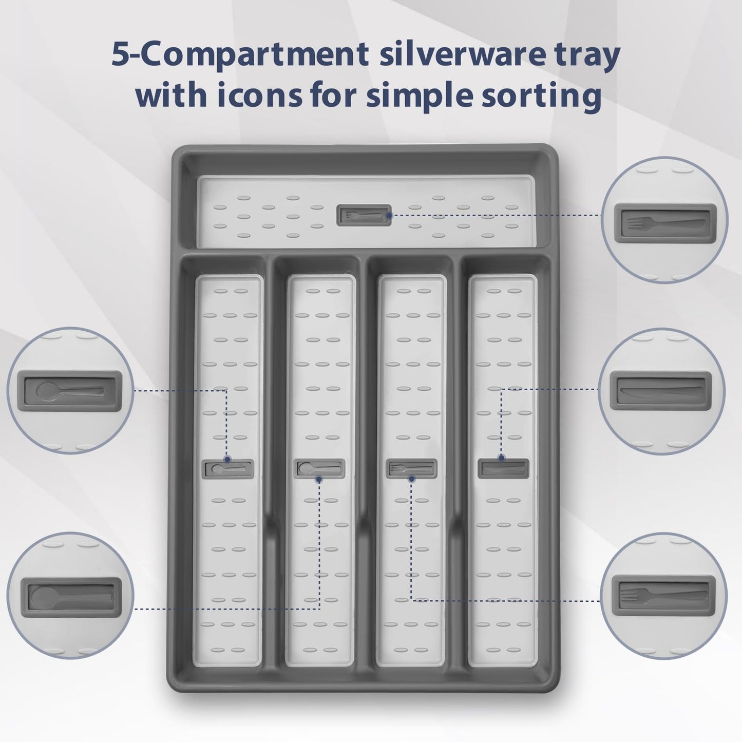 CherHome Silverware Organizer with Cutlery Icons，Silverware Tray for Kitchen Drawer，Plastic Flatware Tableware Silverware Drawer Organizer Utensil Organizer with Non-slip TPR Linings，5-Compartment