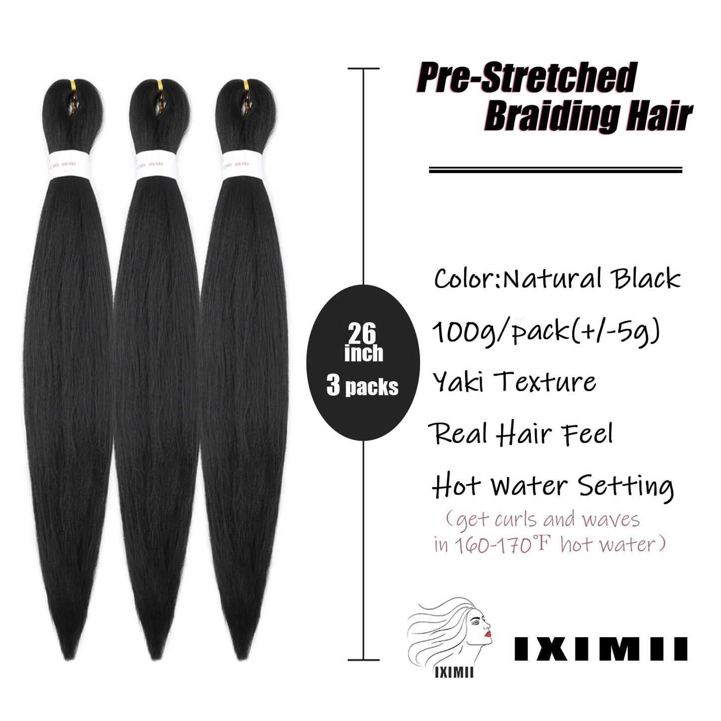 IXIMII Black Pre Stretched Braiding Hair 26 inch 3 packs #1B Prestretched Kanekalon Hair Soft Straight Synthetic Braids Yaki Texture Hair Extensions