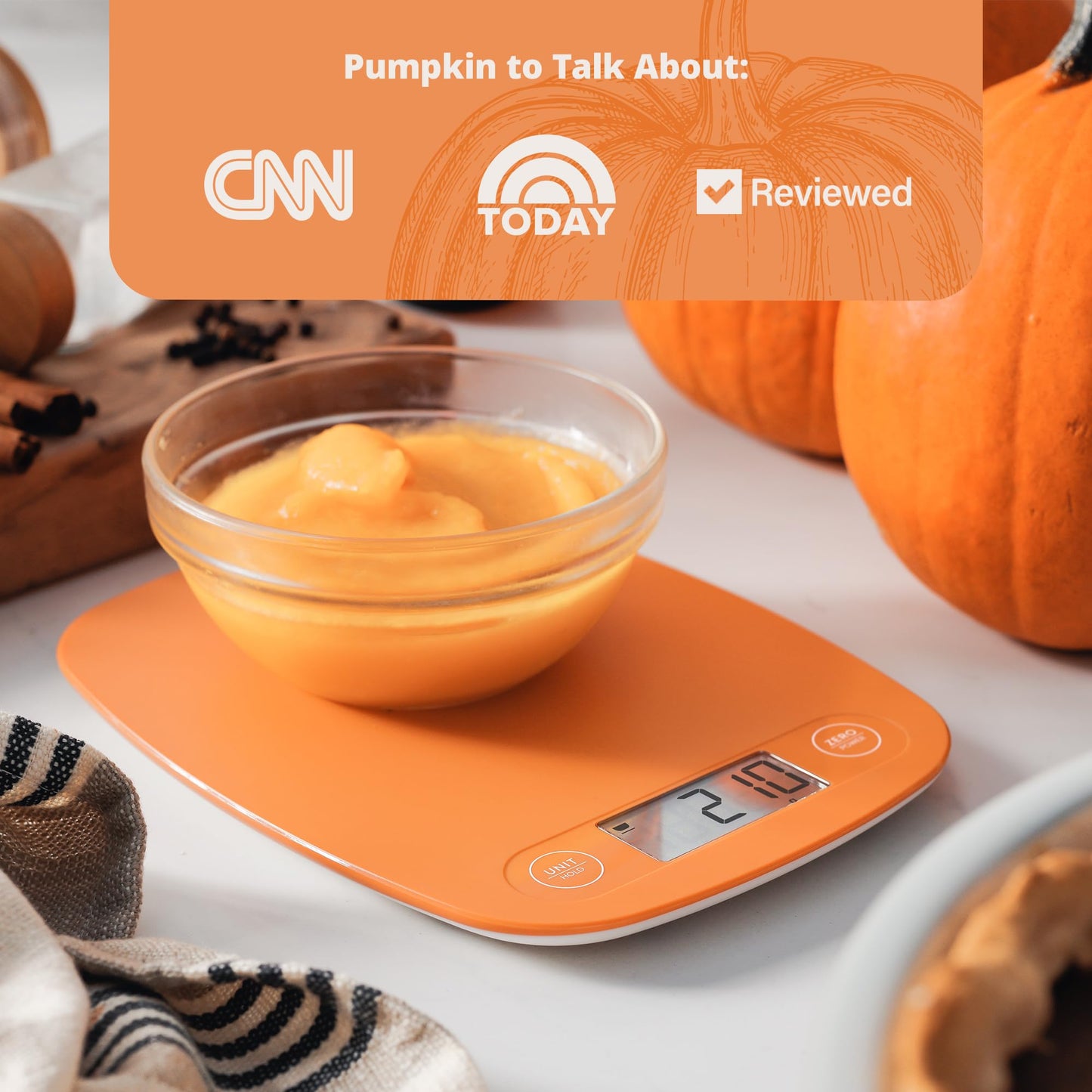 Greater Goods Digital Kitchen Scale - Cooking, Baking, Meal and Food Prep Scale, Weighs in Grams, Pounds and Ounces, Pumpkin Orange