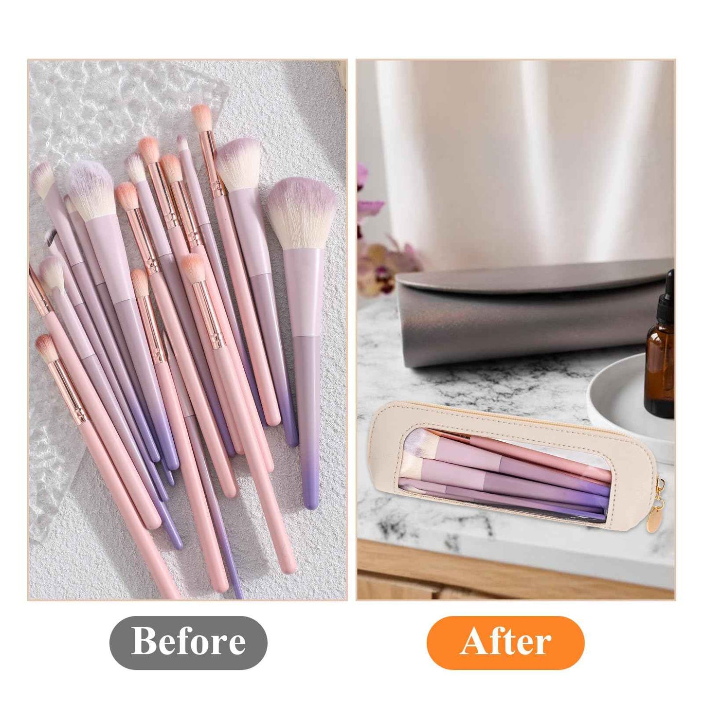 Psyqtsuary Small Clear Makeup Bag, PU Leather Travel Makeup Brush Case Portable Transparent Waterproof Cosmetic Organizer Pouch with Zipper for Women Home Travel Office Makeup Storage (White)