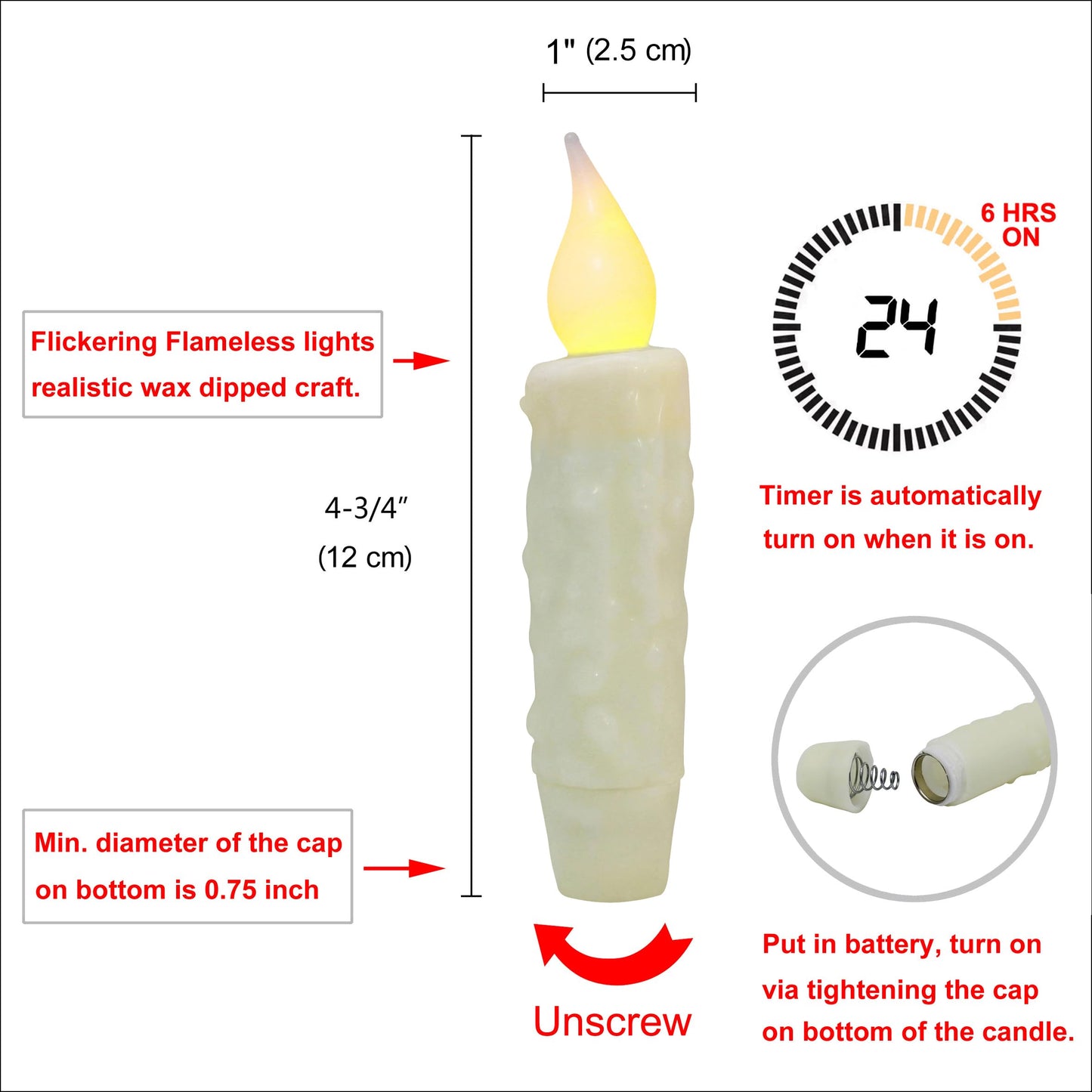 CVHOMEDECO. Real Wax Hand Dipped Battery Operated LED Timer Taper Candles Country Primitive Flameless Lights Décor, 4-3/4 Inch, Ivory, 2 PCS in a Package