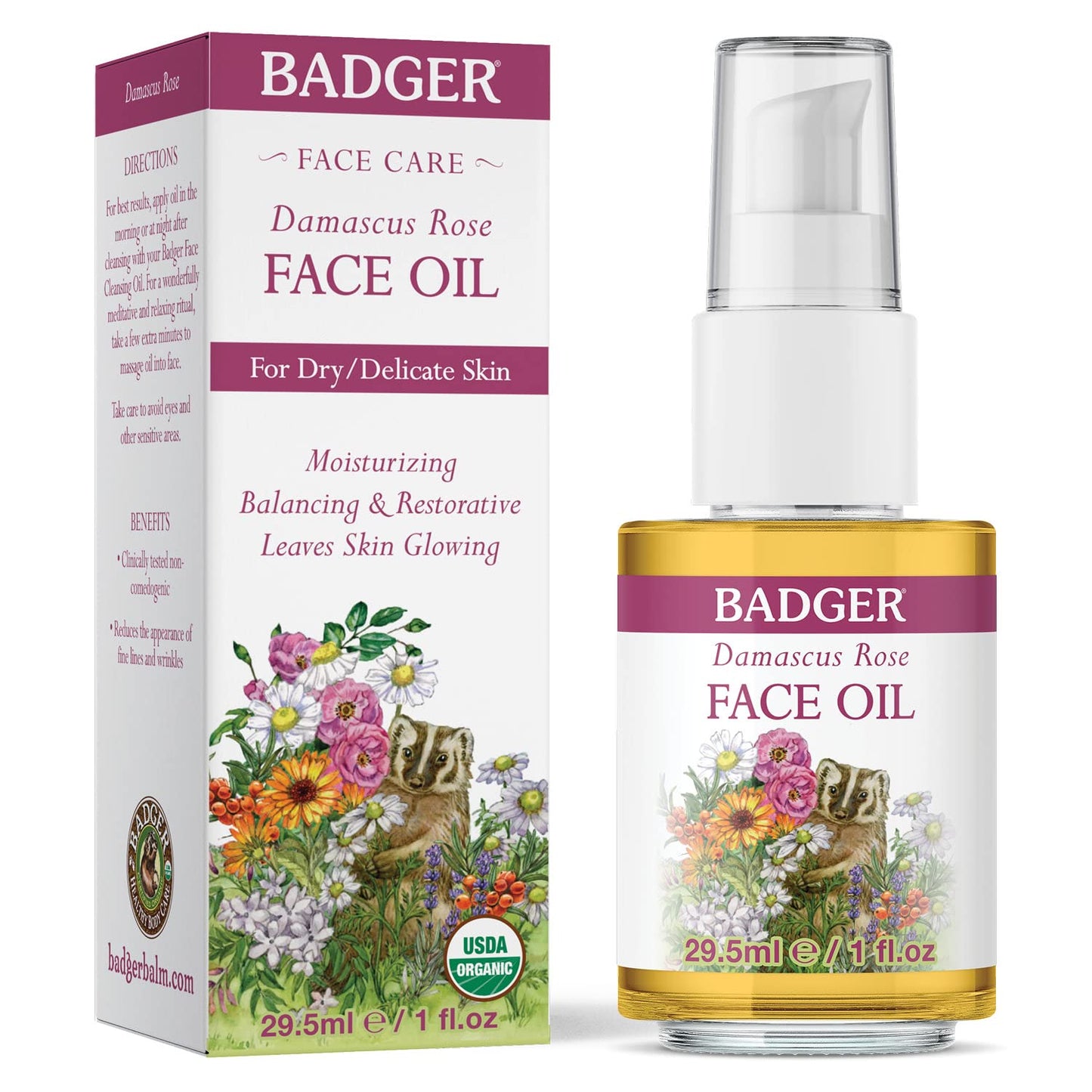 Badger Damascus Rose Antioxidant Face Oil, Certified Organic Rose Oil, Organic Moisturizing Facial Oil, 1 oz Glass Bottle