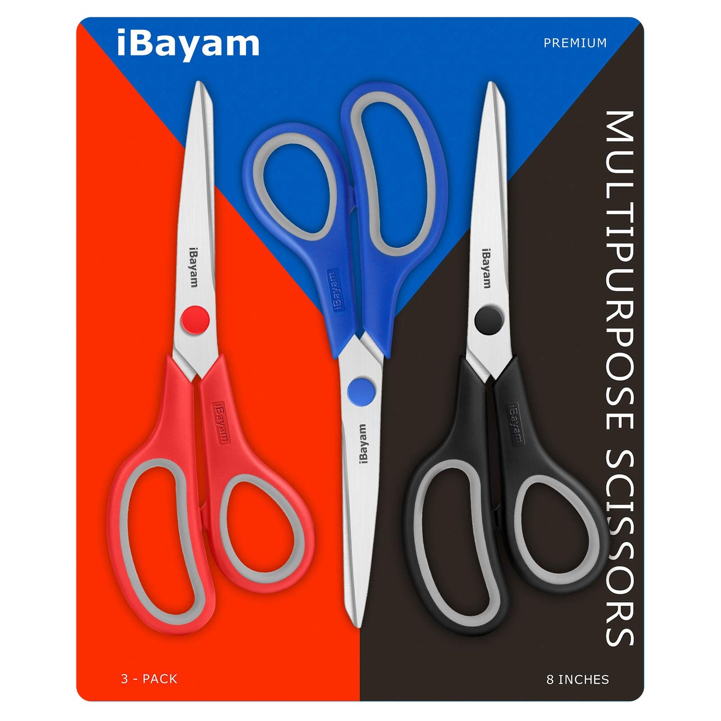 Scissors, iBayam 8" All Purpose Scissors Bulk 3-Pack, Ultra Sharp 2.5mm Thick Blade Shears Comfort-Grip Scissors for Office Desk Accessories Sewing Fabric Home Craft School Supplies, Right/Left Handed