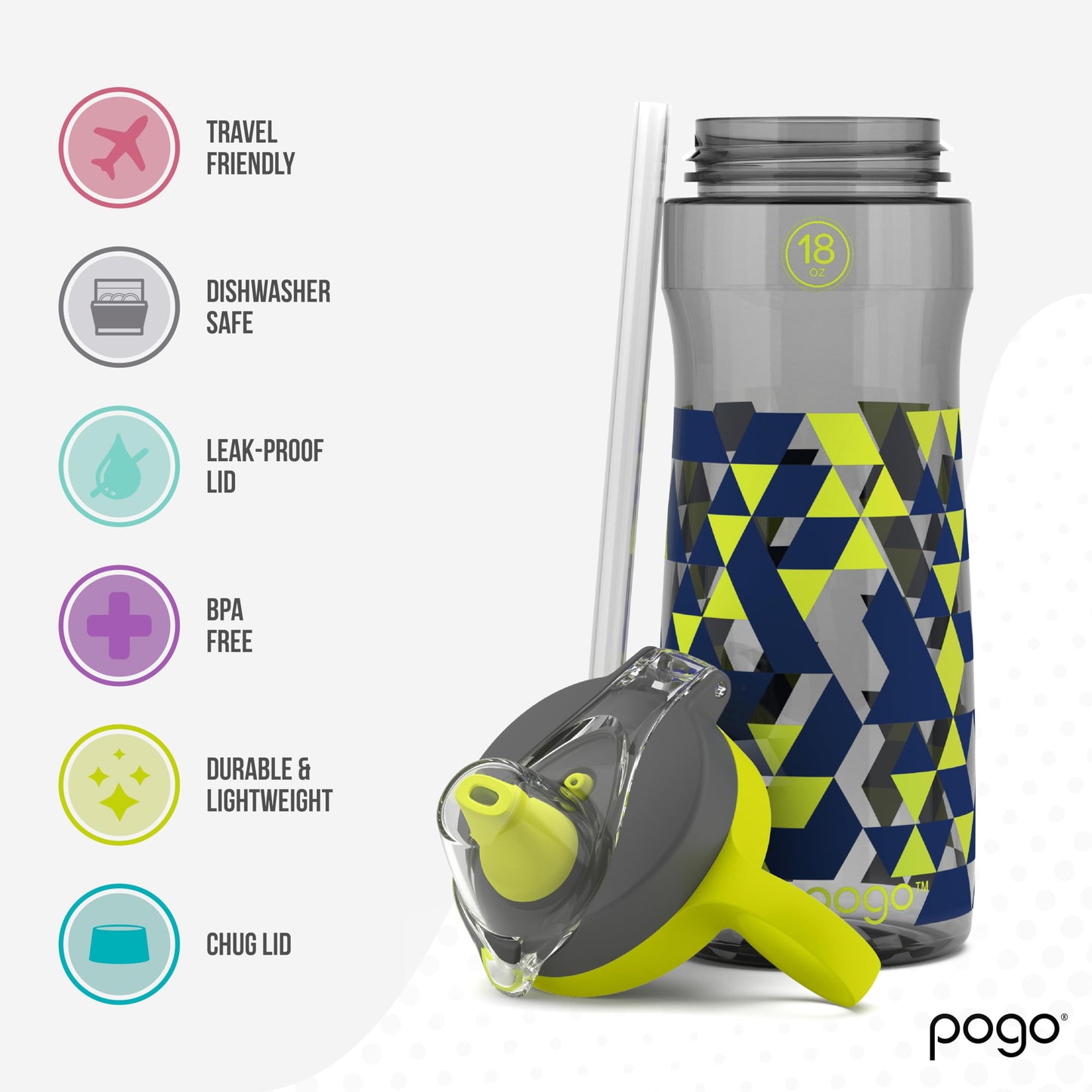 Pogo BPA-Free Tritan Kids Water Bottle with Silicone Soft Straw, Grey Geode, 18 oz.