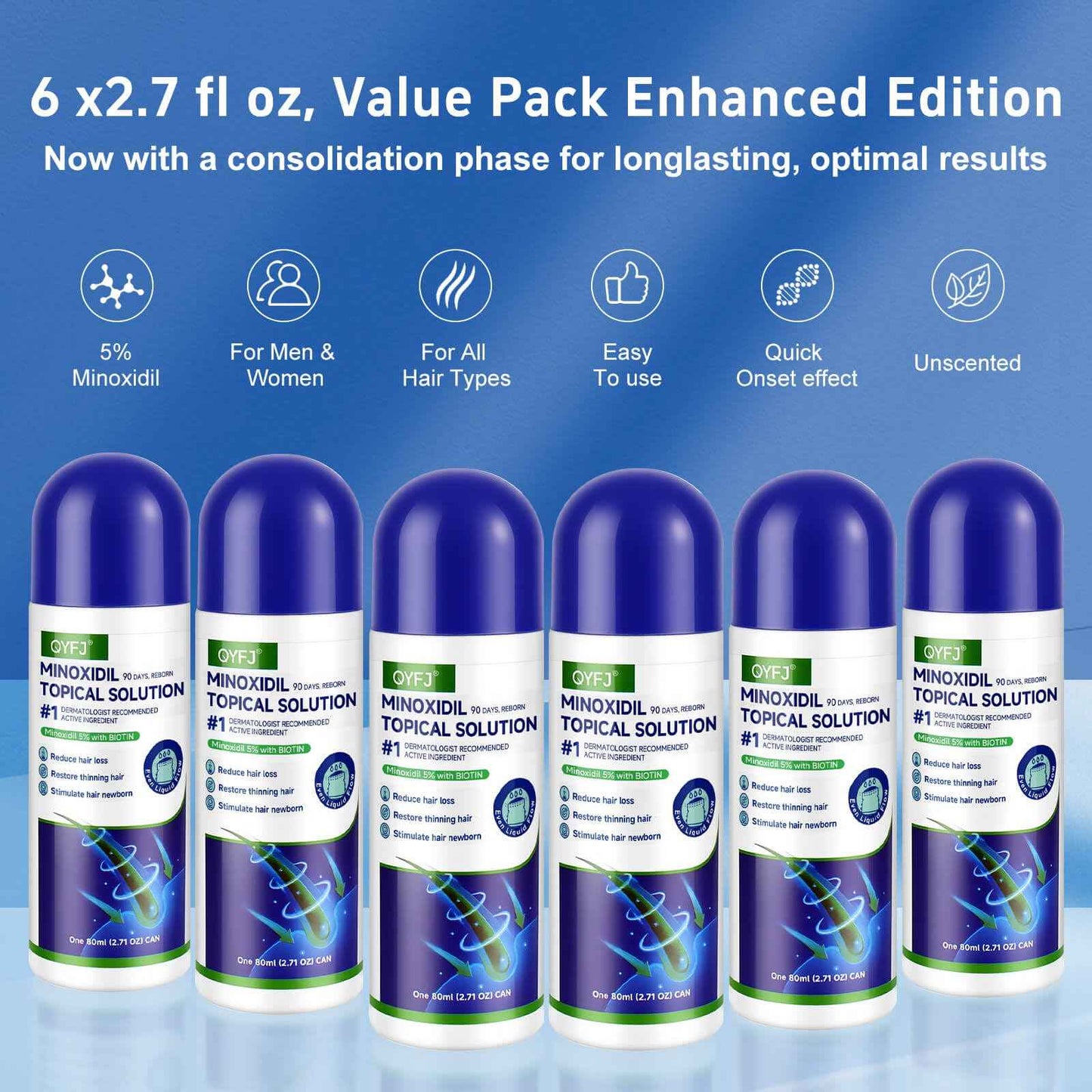 QYFJ blue 5% minoxidil hair growth Serum for women & men with biotin - with sponge applicator for thinning hair & receding hairline 8-month supply-6pcs Packs 2.71 fl oz per bottle