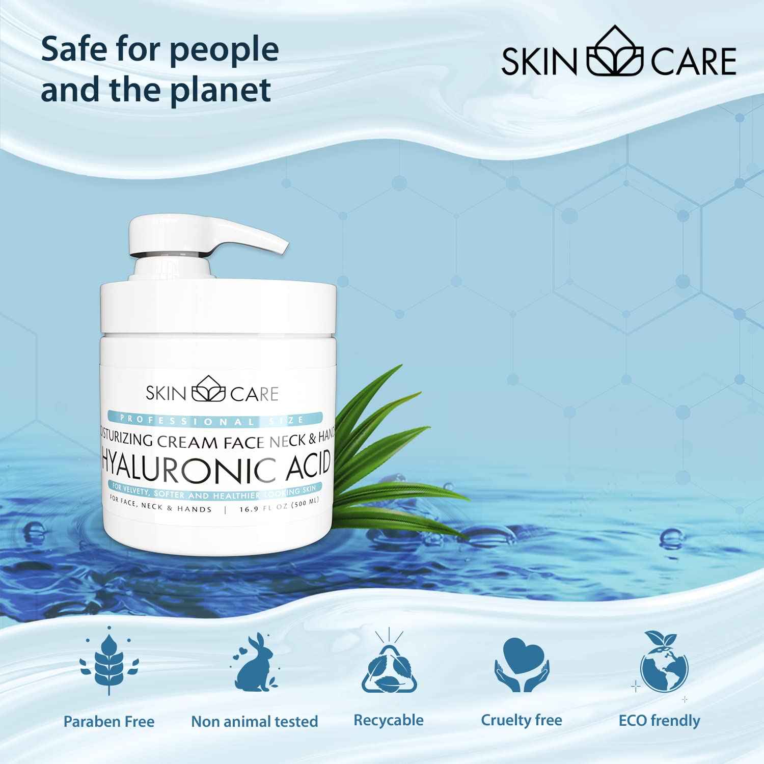 Skin Care Hyaluronic Acid 3-in-1 Moisturizer Face Cream, Neck and Hands - Treatment for Crepey Texture, Wrinkles and Sagging - Daily Lotion for All Skin Types - 16.9 fl. oz.