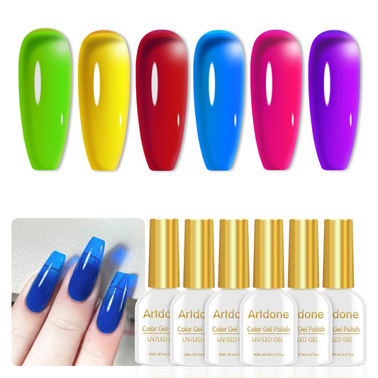 Artdone Transparent Gel Nail Polish Jelly neon Set - UV Gel 6 Colors Translucent Green Yellow Red Purple Blue Colors Gel For All Seasons Neutral Soak off LED Curing Kit For Nail Art