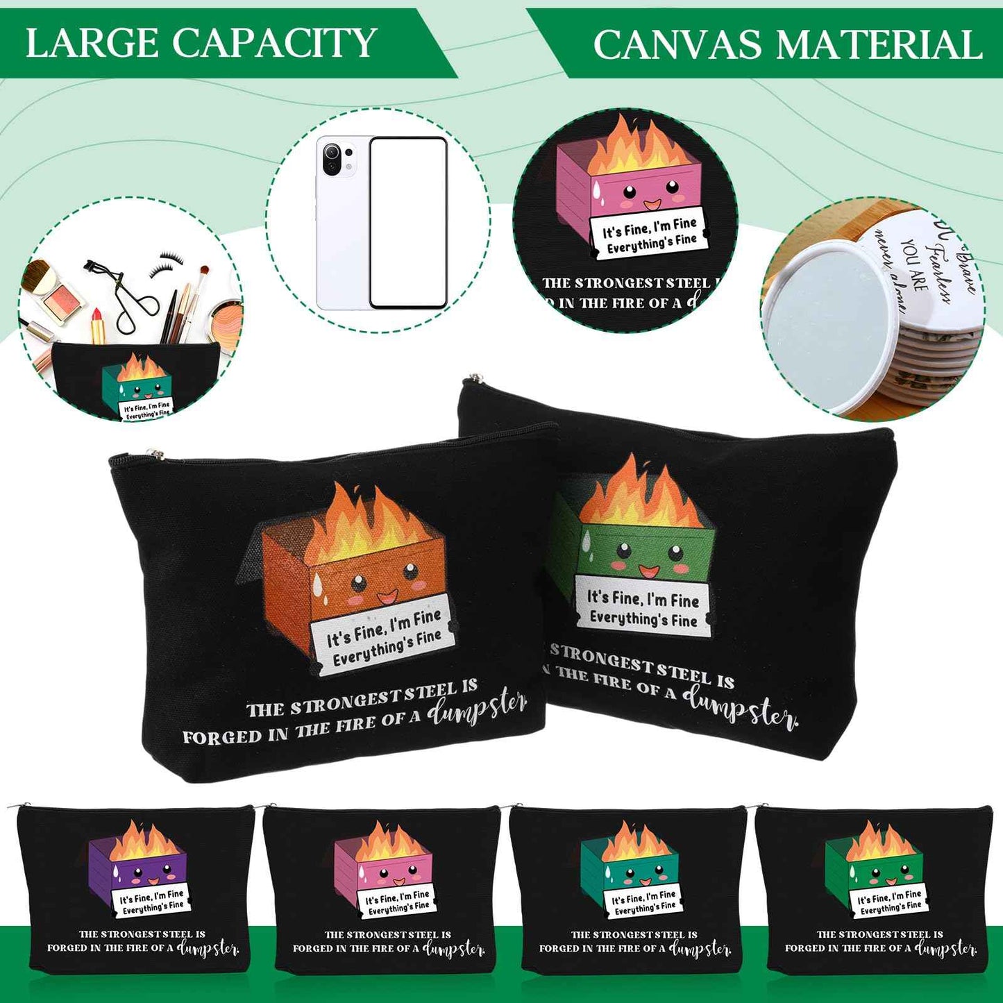 Reginary 6 Pcs Emotional Support Dumpster Fire Cosmetic Bag Gift Christmas Employee Appreciation Gift Bulk Funny Makeup Bag Canvas Pouch for Coworker Staff Team Volunteer Teacher Nurse, 6 Style(Black)