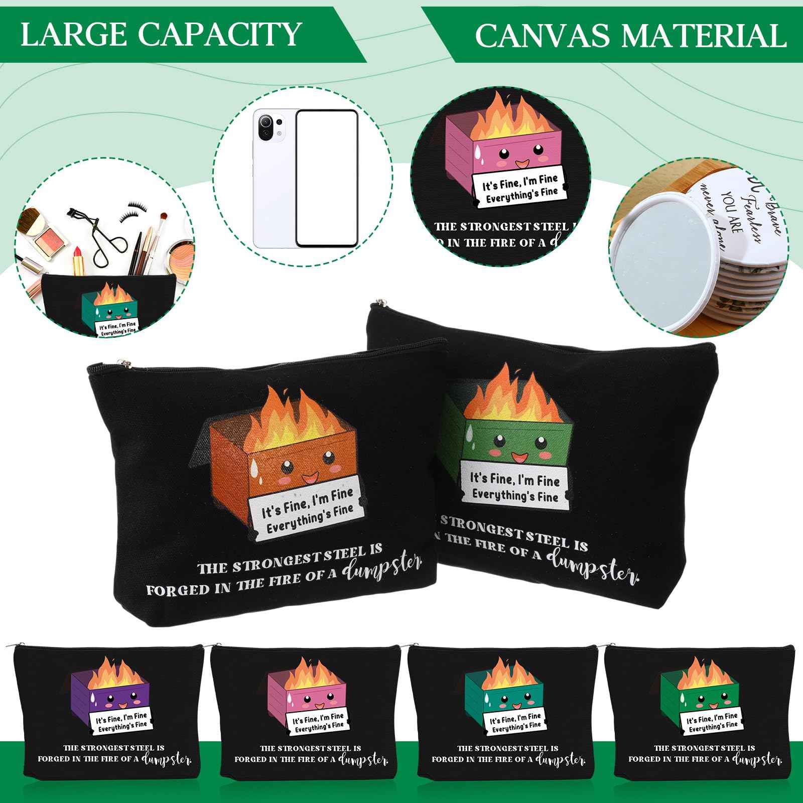 Reginary 6 Pcs Emotional Support Dumpster Fire Cosmetic Bag Gift Christmas Employee Appreciation Gift Bulk Funny Makeup Bag Canvas Pouch for Coworker Staff Team Volunteer Teacher Nurse, 6 Style(Black)