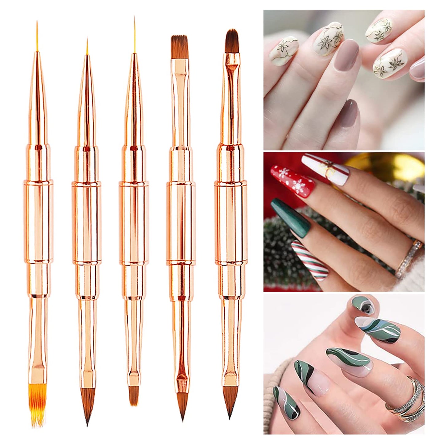 JERCLITY 5pcs Rose Gold Alloy Double-Ended Nail Art Brushes Set Nail Lace Brushes Round Flat Gel Builder Brush Nail Carving Pen Nail Liner Brush 3D Painting Brush Nail Design Tools for Acrylic Nails