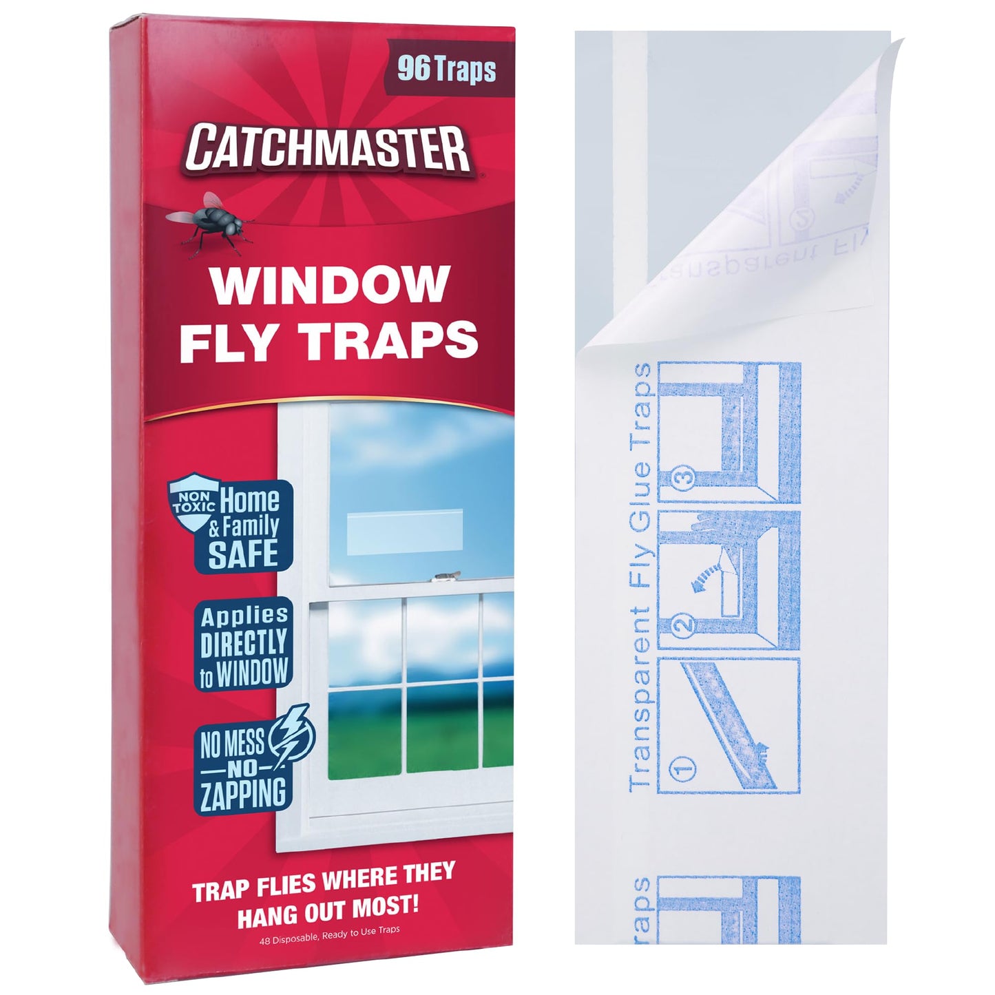 Catchmaster Window Fly Traps 96-Pack, Fruit Fly Traps for Indoors, Disposable Bulk Bug Catcher, Waterproof Insect Glue Trap, Adhesive Fly Strips, Pet Safe Pest Control for Home, Kitchen, & Garage