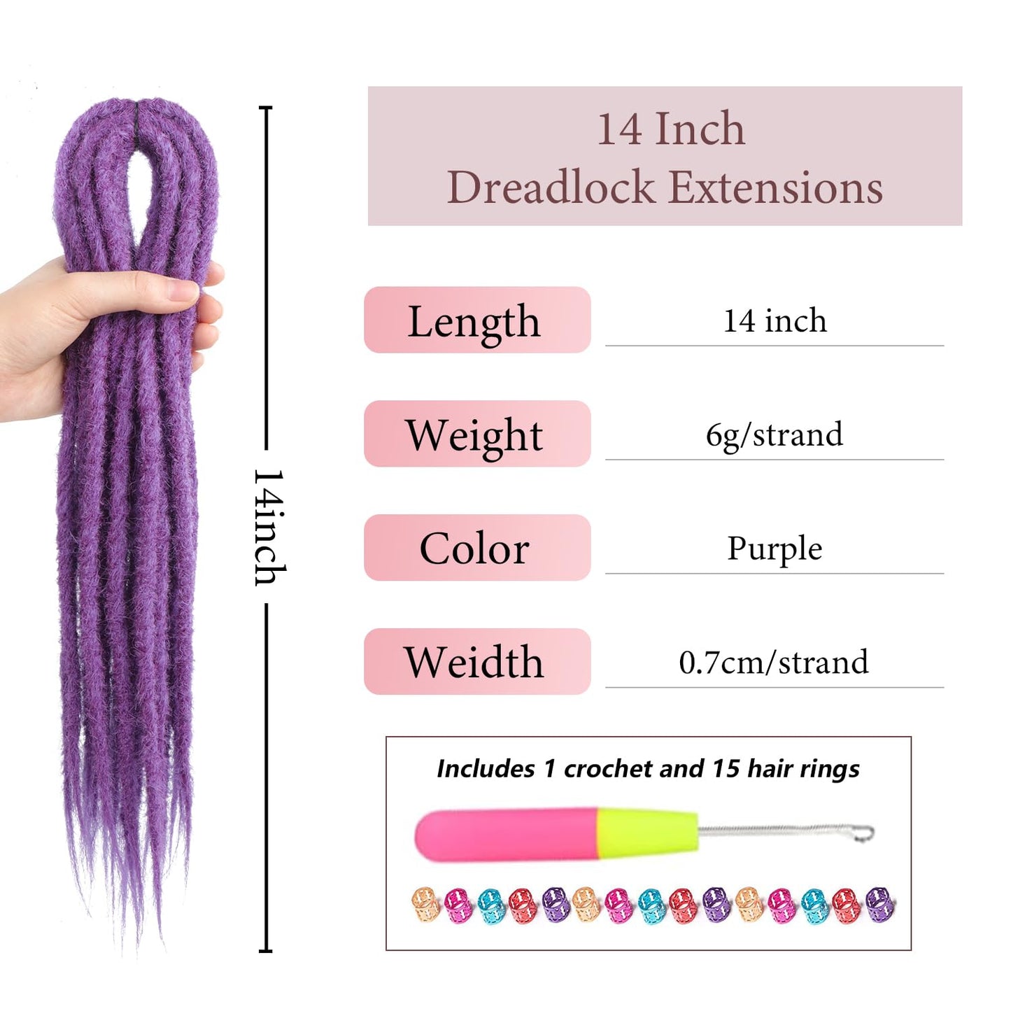 14 inch Synthetic Double Dreadlock Extensions Purple 10 Strands 0.7 cm Width Thin DE Dreads Crochet Reggae Hip-hop Style for Rock&Roll Hippie Dread Braids Hair (14inch Purple)