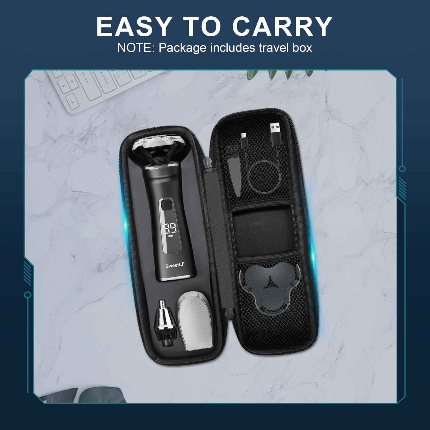 Electric Razor for Men with Travel Case, SweetLF 100% Waterproof Electric Shaver,Wet Dry Shaving/Rechargeable/Sideburns/Trimmer/Nose Trimmer/Type C Charging Cable