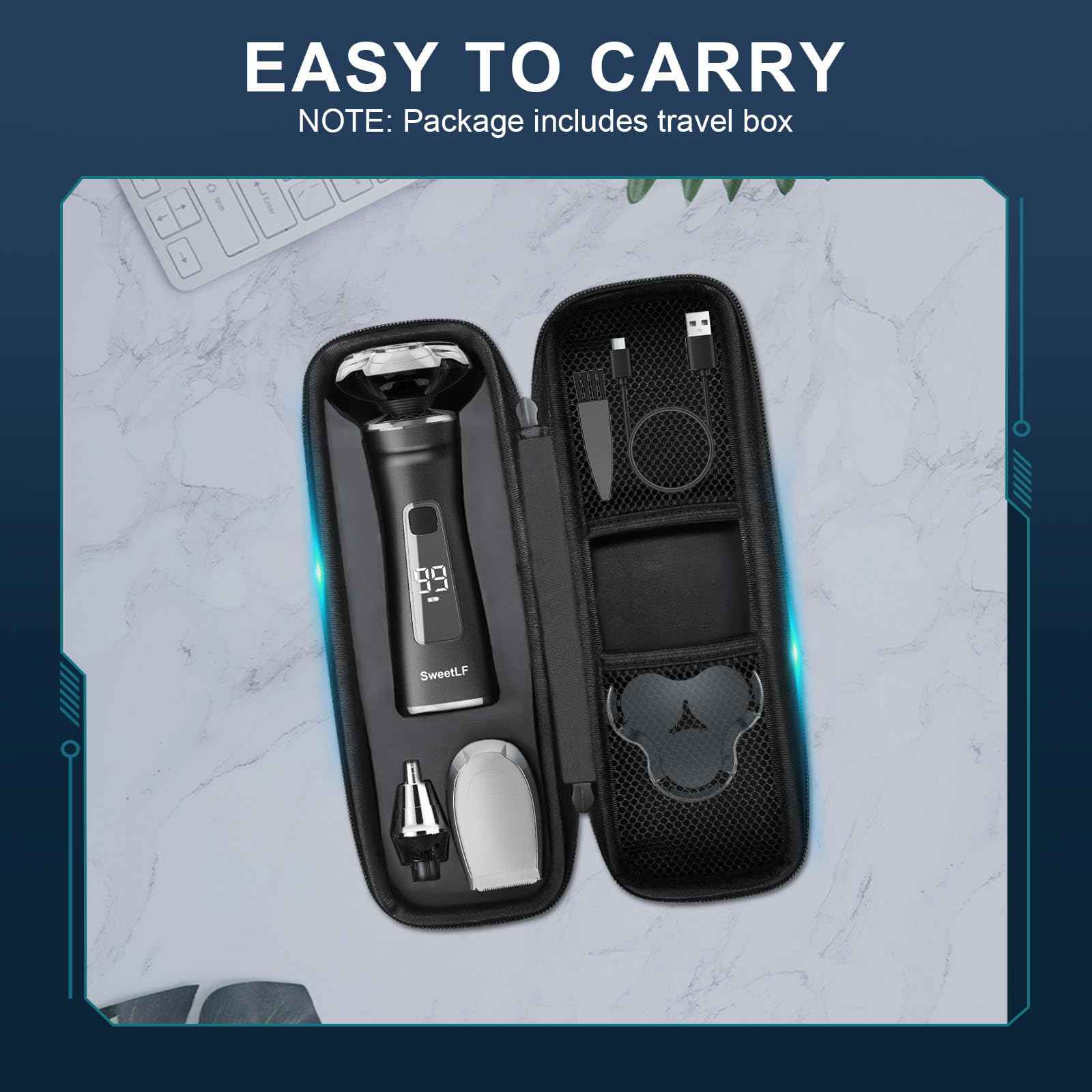 Electric Razor for Men with Travel Case, SweetLF 100% Waterproof Electric Shaver,Wet Dry Shaving/Rechargeable/Sideburns/Trimmer/Nose Trimmer/Type C Charging Cable