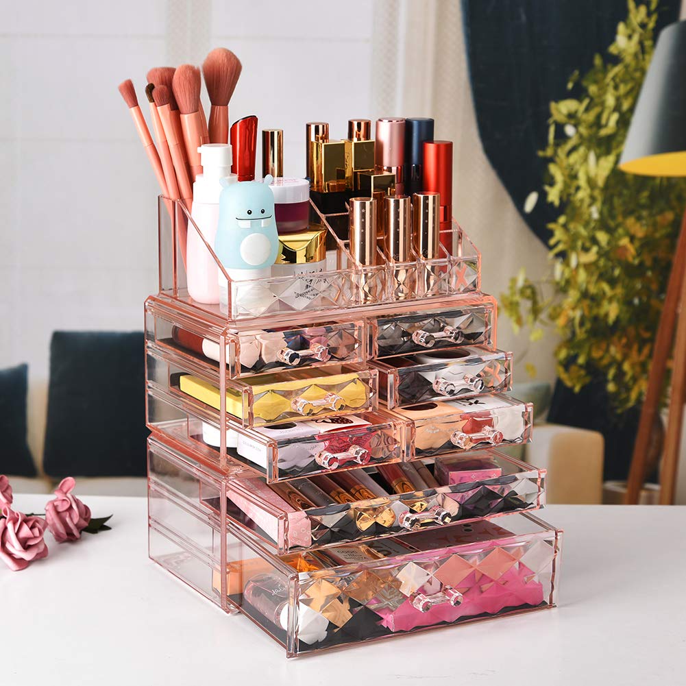 ZHIAI Makeup Organizer Acrylic Cosmetic Storage Drawers and Jewelry Display Box Transparent (Style C(Pink Diamond): 1 Top, 6 Small, 1 Large, 1 XLarge Drawers)