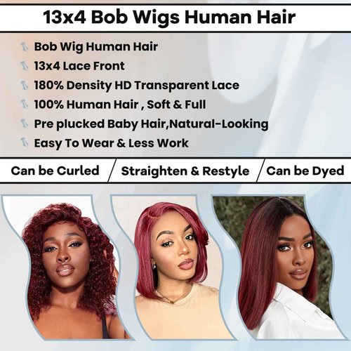 99J Burgundy Lace Front Wigs Human Hair Reddish Brown 13x4 Short Straight Bob Wig 180% Density HD Pre Plucked Glueless Lace Front Human Hair Wine Red bob wig Bleached Knots Natural Hairline 10Inch