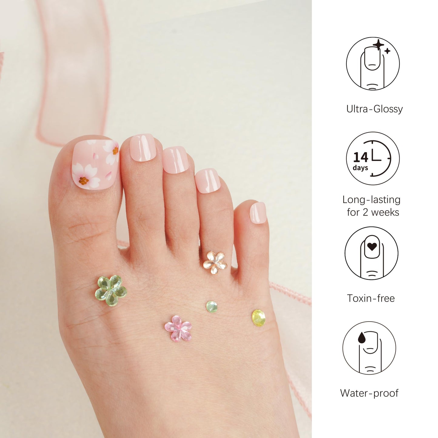 DANNI & TONI Semi Cured Gel Toenail Strips (Flowers) Nude Gel Toenail Stickers Petals Glazed Gel Pedi Wraps 37 Stickers