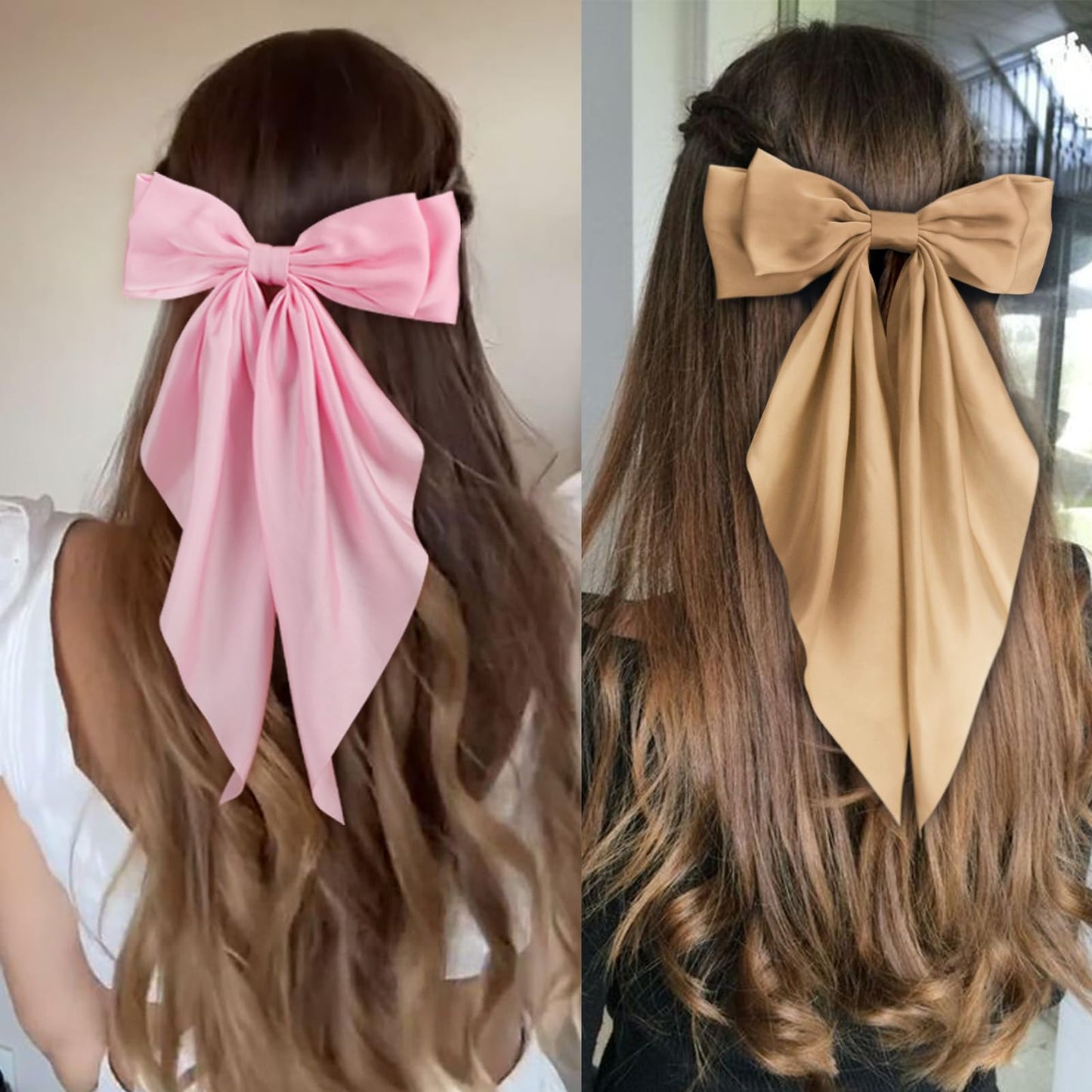 DRESHOW Silky Satin Hair Bows Big Hair Bow for Women Girls Large Ribbon Oversized Long Tail Black Hair Bow Pink Hair Bow Fashion Hair Barrette Women Bow Hair Clip Aesthetic Hair Accessories Gift 4 Pcs