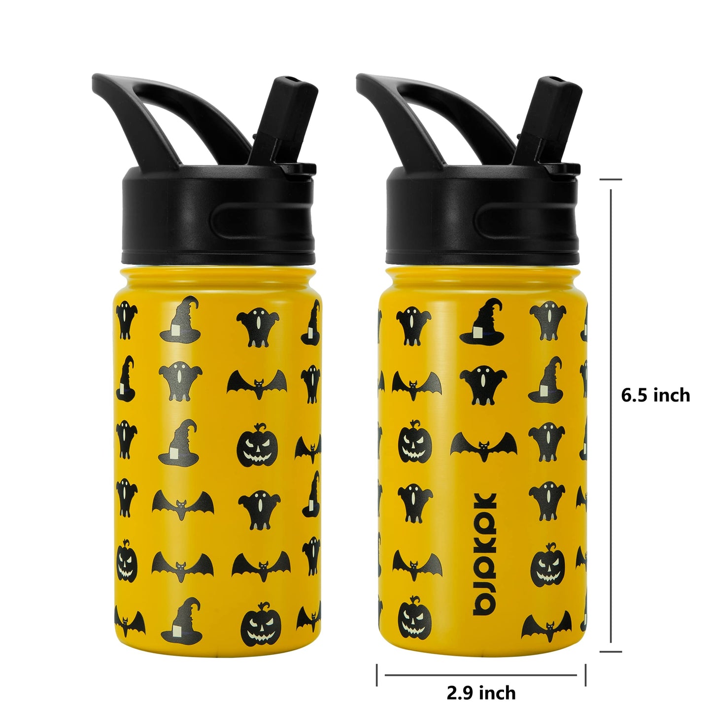 BJPKPK 15oz Insulated Water Bottle with Straw Lid, 15oz Stainless Steel Water Bottles, Reusable Leak Proof BPA-Free Thermos with 2 Straws, 1 Straw Brush(Halloween)