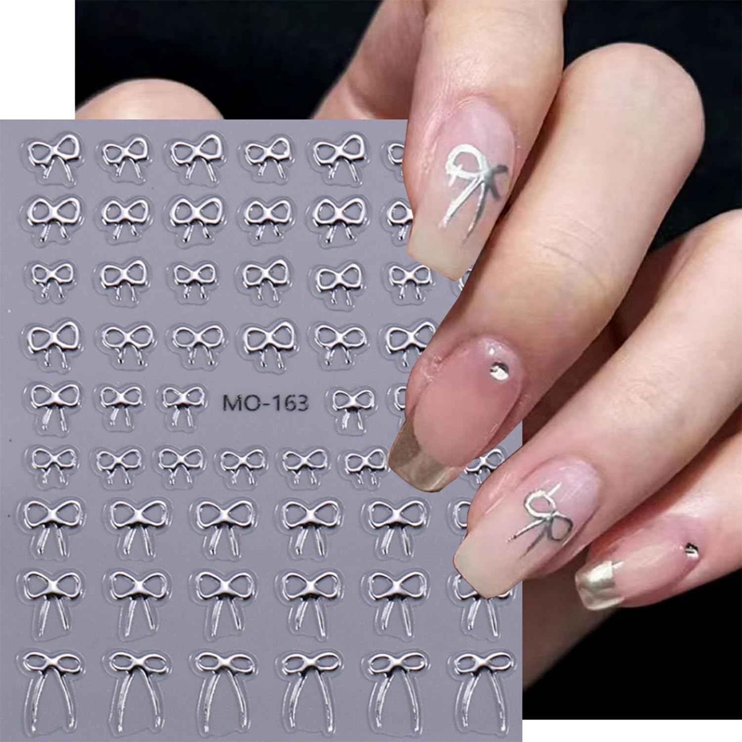 Tyuimhx 5 Sheets Bow Nail Art Stickers Decals 5D Embossed Self-Adhesive Bow Nail Stickers with Rhinestones Designs Silver Red White Black Nail Decals Supplies for Women DIY Manicure Decorations