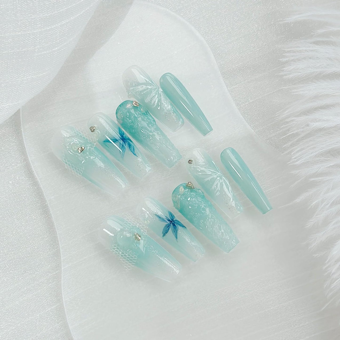 LARSOOY Nails Handmade Press on Nails Long Coffin | Handmade Nails with Mint Mambo Crystal Butterfly | Reusable Fake Nails for Cool Summer | False Nails 10 Pcs (Blue Dreamscape, M)