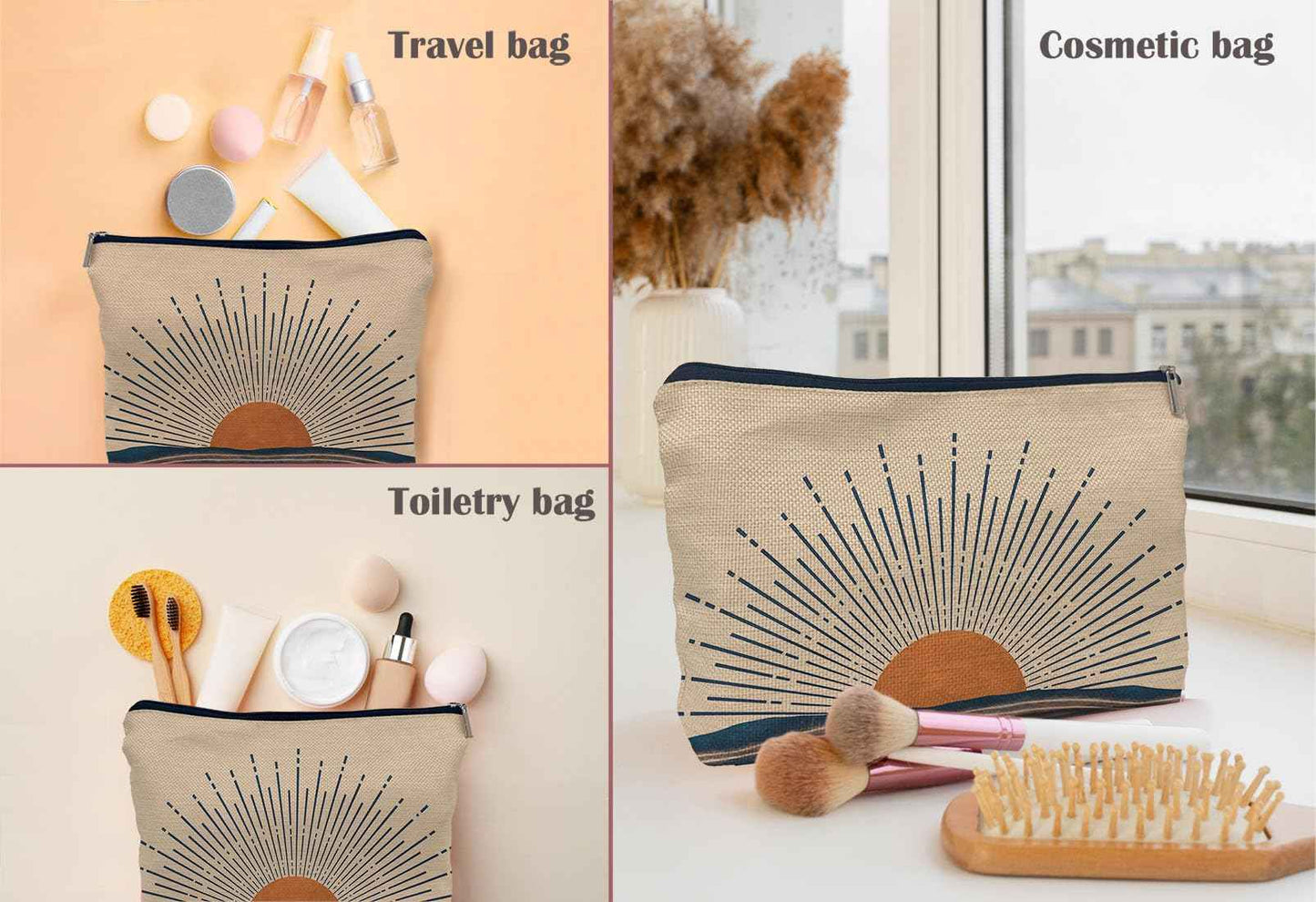 Lacosu Abstract Boho Sunburst Sunrise Sunset Ocean Landscape Makeup Bag, Mid-Century Modern Art Cosmetic Bag for Women Girls, Travel Makeup Bag, Gift for Boho Lovers Teen Girls