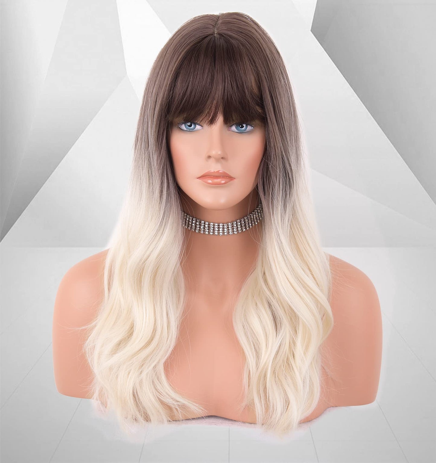 LANOVA Dark Brown Ombre White Blonde Wigs with Bangs Natural Wavy Hair 613 Wigs Synthetic Glueless Wigs for Women 20 inch LANOVA-136