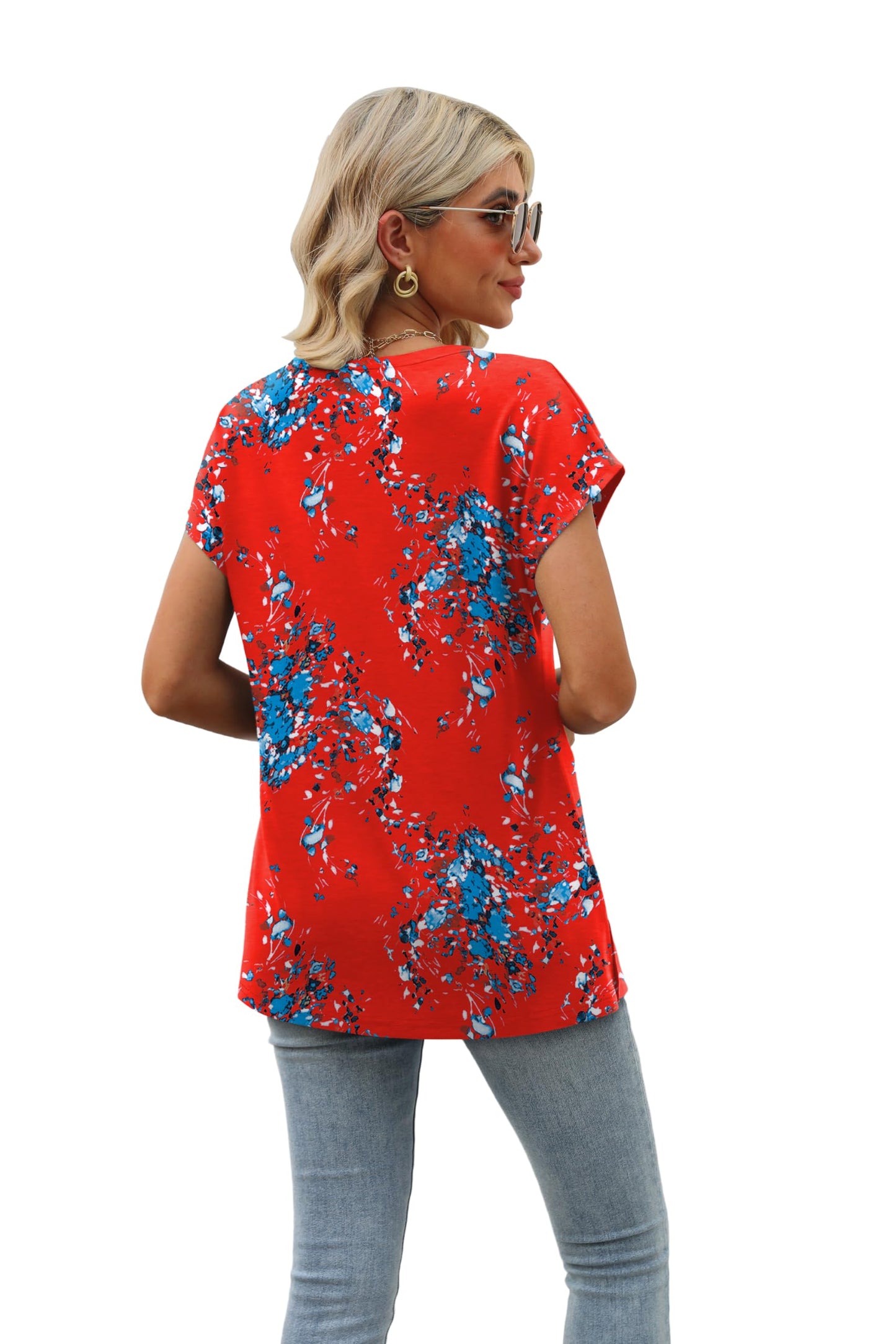 Summer Tops for Women 2024 Cute Dressy Blouses Oversized Shirts for Women Print Red Floral S