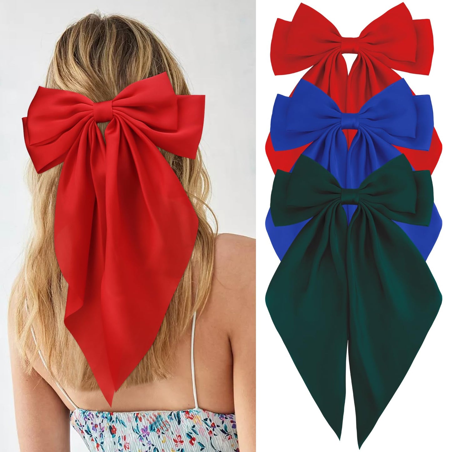 Velscrun 3Pcs Women's Hair Accessories: Large Satin Bows and Barrettes in Red, Blue, and Green - Perfect Gift