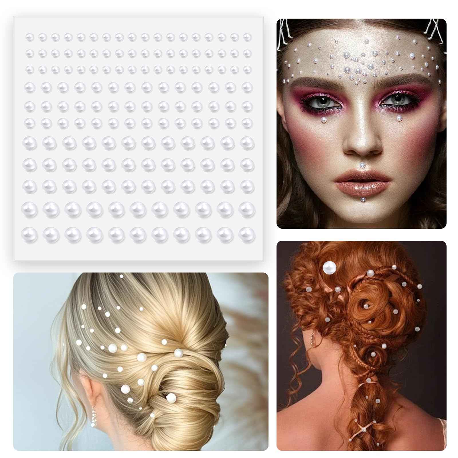 Pearl Stickers for Hair Decoration, Self-Adhesive Gems, 3-6mm White Jewels, Face Body Nail Art Craft (1320)