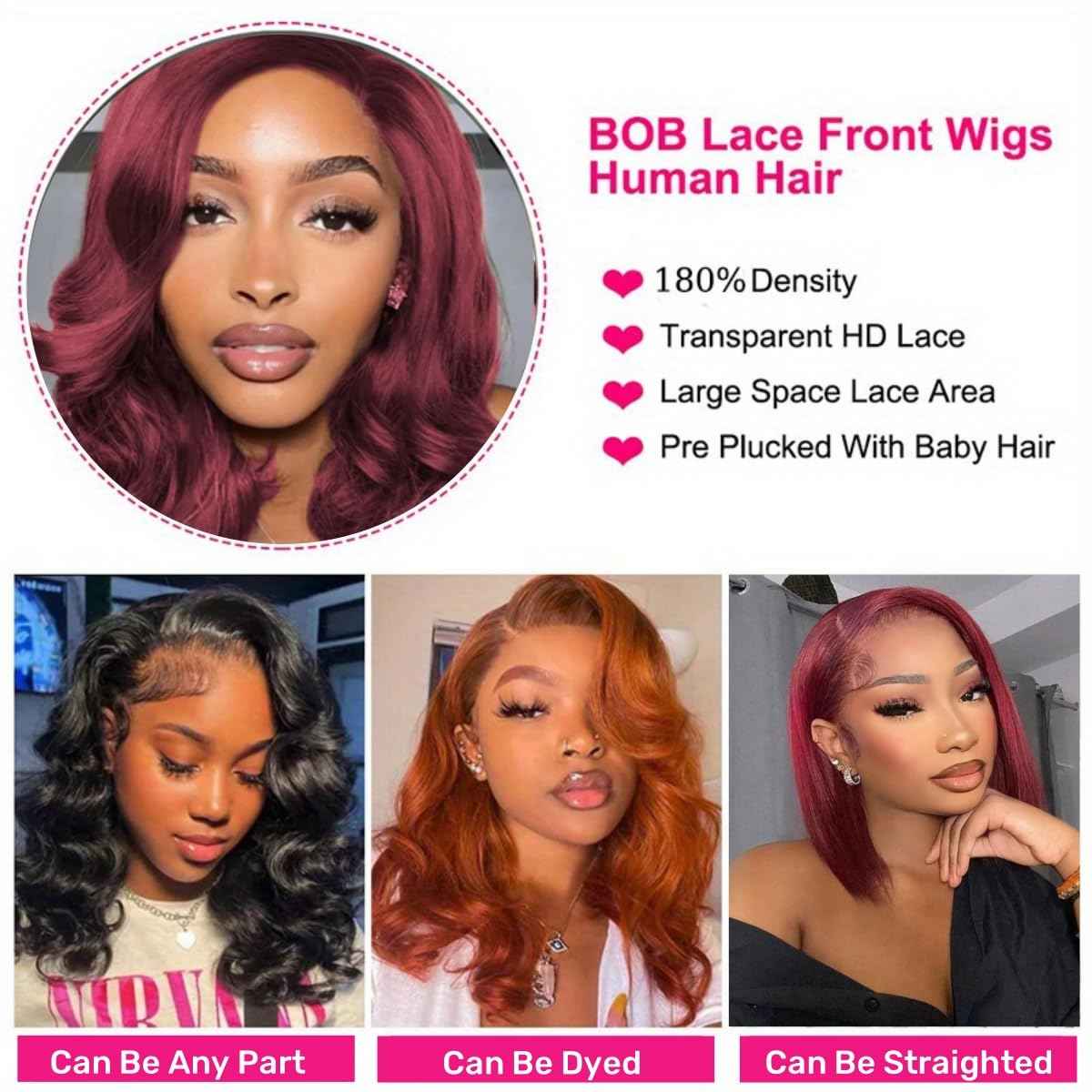 99j Burgundy Lace Front Wigs Human Hair Bob Wig Human Hair 200% Density 13x4 Body Wave Lace Front Wig Pre Plucked Wine Red Wigs Human Hairs Short Bob Wig for Women 10 Inch