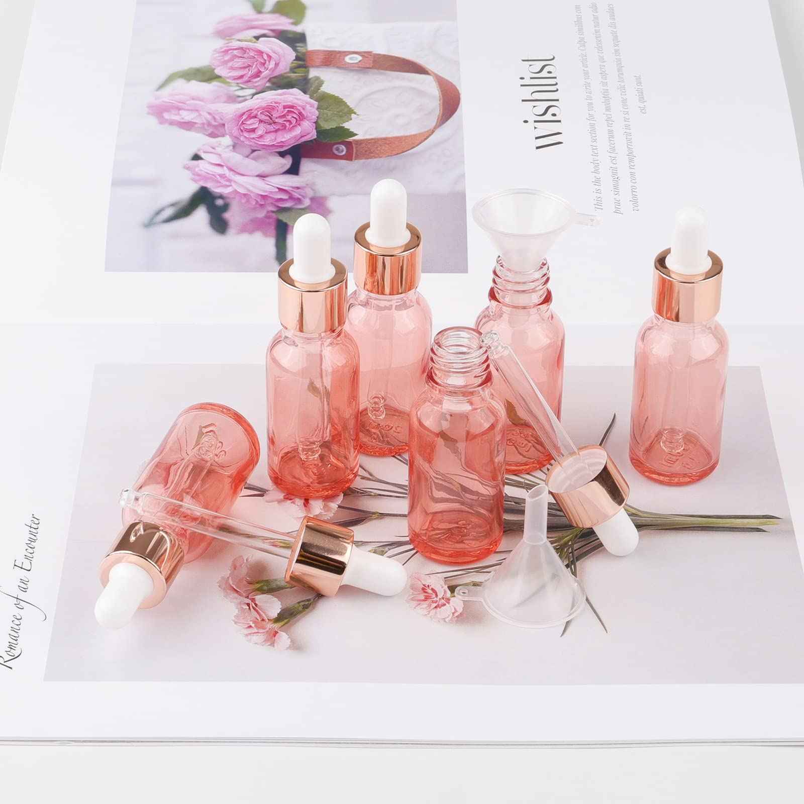 Kesell 7 Pack 20ml Pink Dropper Bottles, Empty Refillable Glass Sample Vials Essential Oils DIY Perfume Travel Container, With Rose-Gold Cap And 3 Funnels