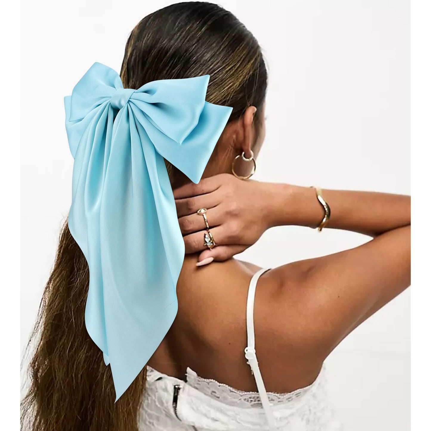 Velscrun Women's Hair Bows Set - 3Pcs Silky Satin Oversized Barrettes with Long Tail Ribbons in White, Black, and Bright Blue