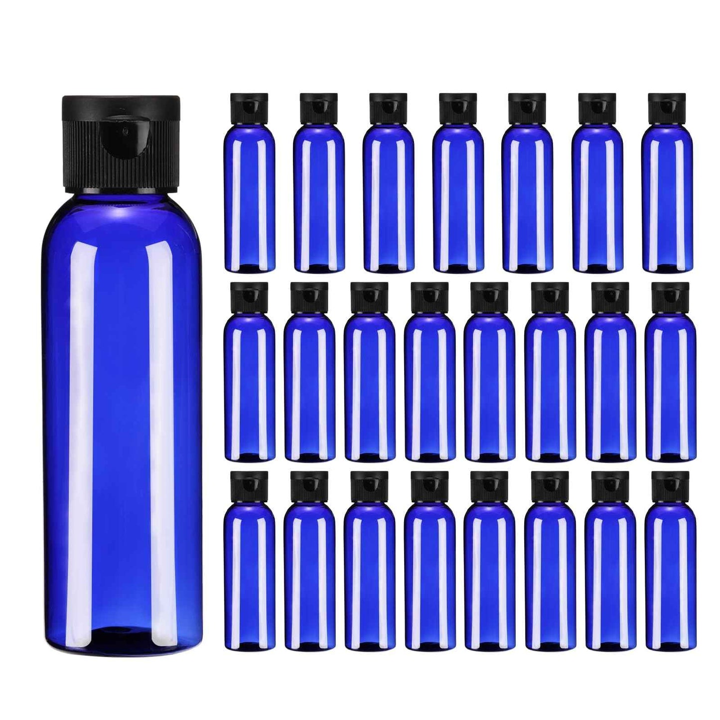 uxcell 2oz Plastic Bottles with Flip Caps, 24 Pcs Reusable Travel Size Containers with Lids Plastic Squeeze Refillable Dispensing Bottles for Shampoo, Body Soap, Toner(Blue Black)