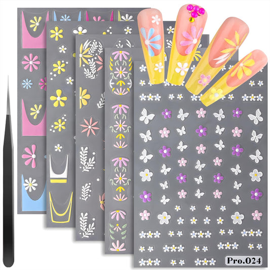 5 Sheets 5D Flower Nail Art Stickers with Tweezer Embossed Daisy Butterfly Colorful Nail Decals Self Adhesive Floral 3D Nail Supplies for French Tips Nail Design Women Girl Manicure Pegatinas Uñas