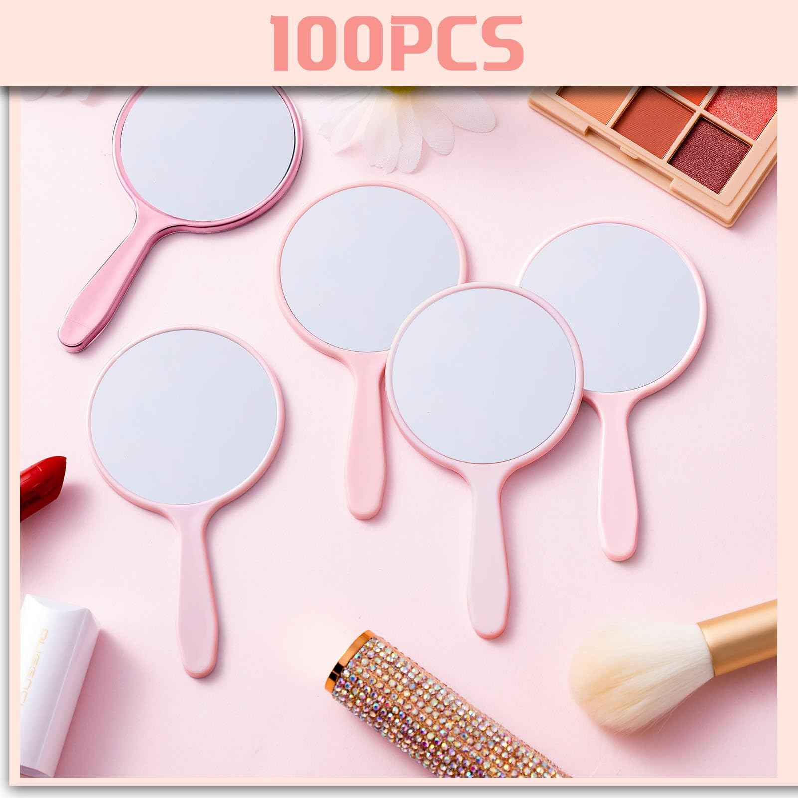 Vinsot 100 Pcs Handheld Mirror Bulk Small Hand Compact Mirrors with Handle Plastic Travel Makeup Portable 3.94 x 2.16 Inch for Birthday Dress up Wedding Practice Pronunciation (Pink)