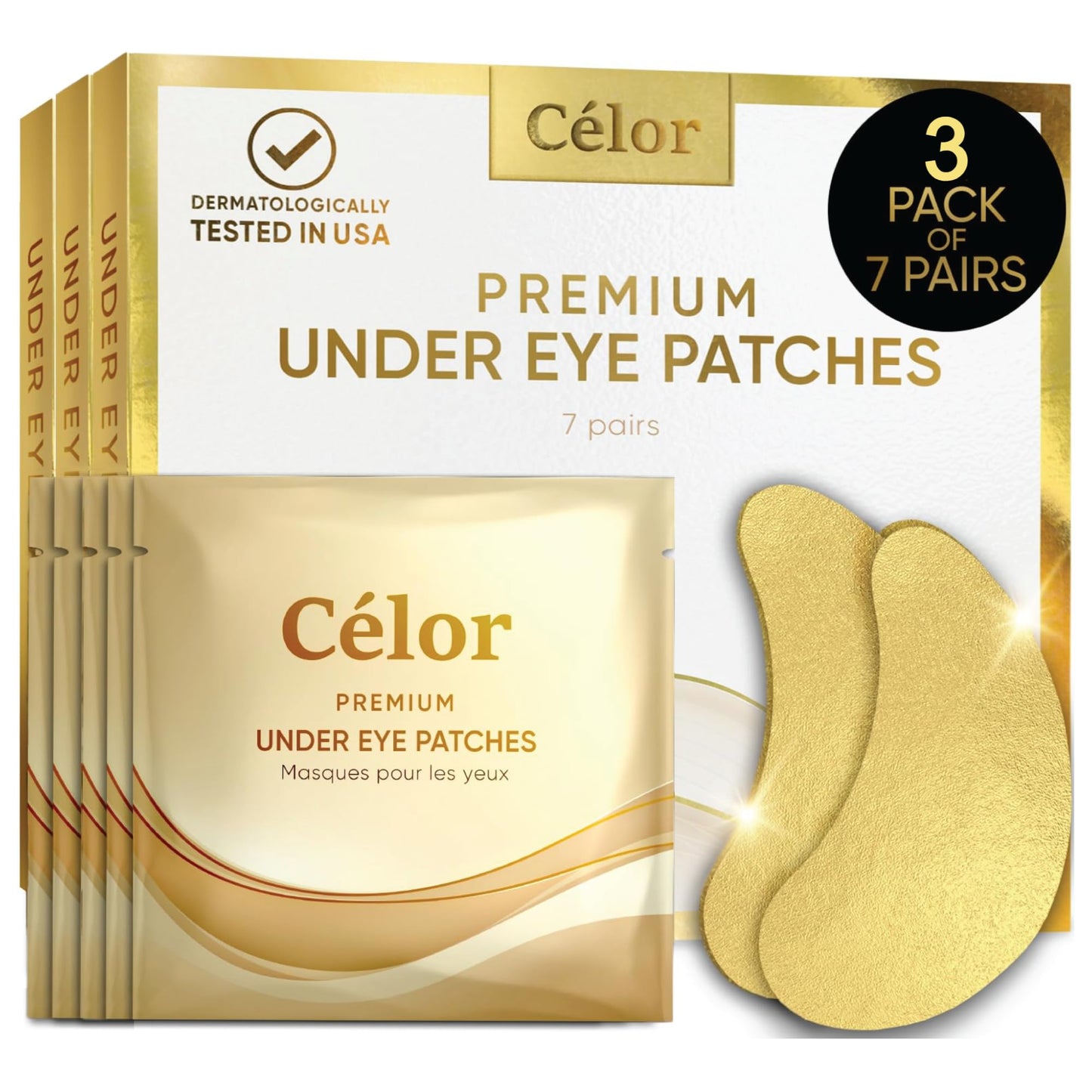 CÉLOR Under Eye Patches Premium - Golden Under Eye Mask Enriched with Hyaluronic Acid, Caffeine, Tea Tree & Collagen, Under Eye Patches for Puffy Eyes, Dark Circles and Puffiness (21 Pairs)