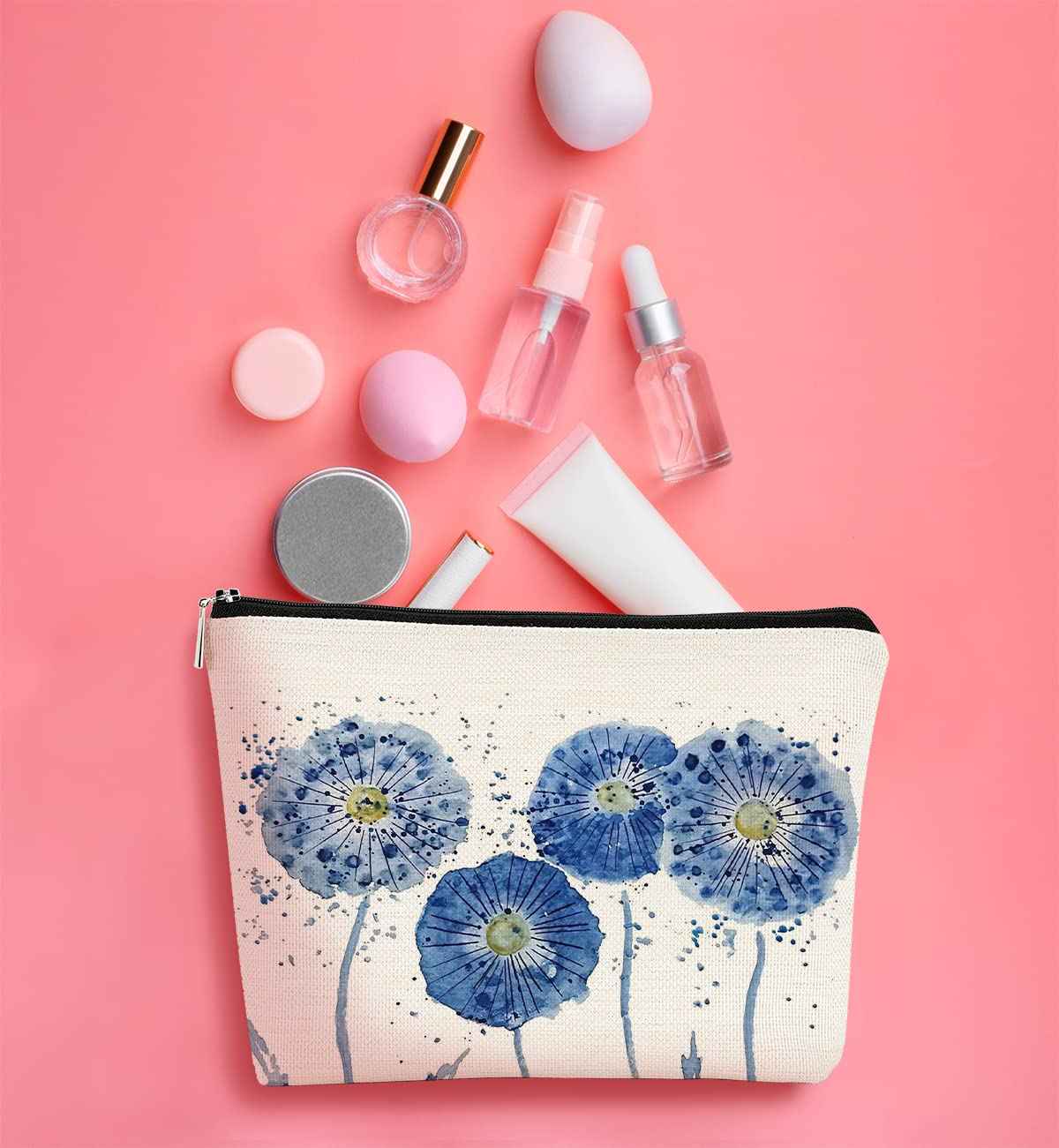 Watercolor Blue Flowers Makeup Bag,Spring Summer Flower Cosmetic Bag Best Gift Idea for Teen Girls Women,Birthday Christmas Gifts for Girls Women Daughter Sister