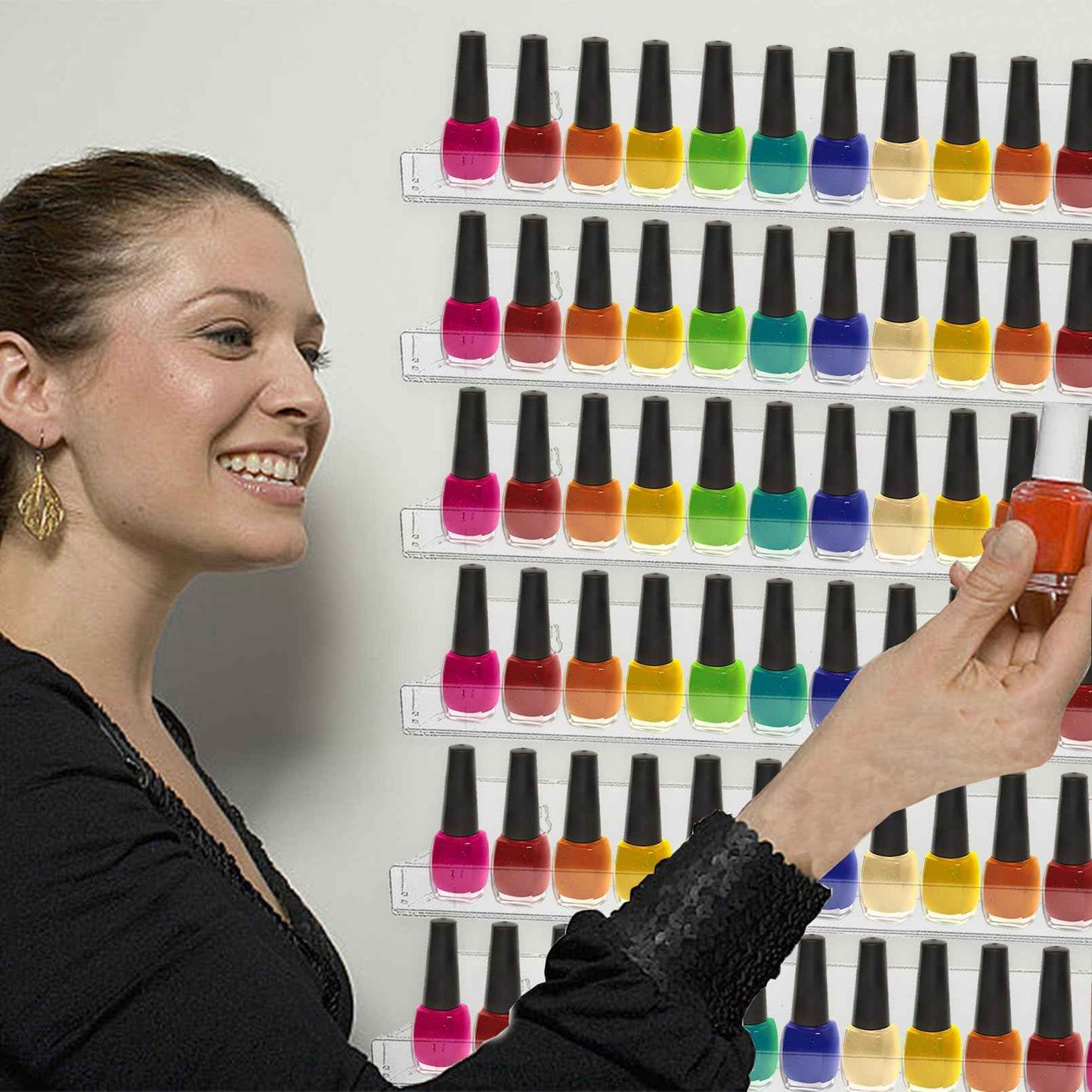 6 Pack Nail Polish Rack, Wall Mounted Organizer Shelf With Removable Anti-slip End Inserts, Clear Acrylic Display Holder for 90 Bottles